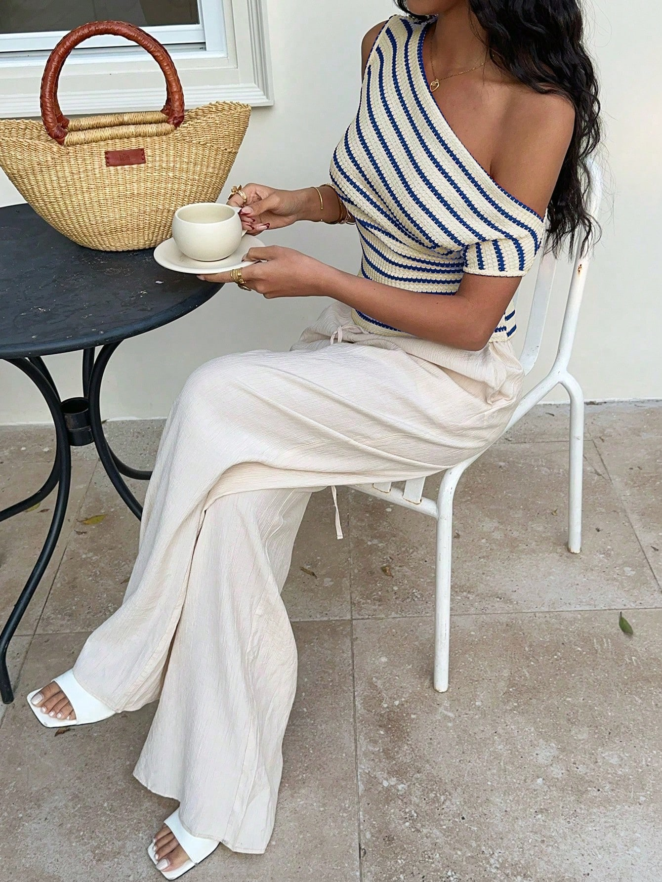 Women's Striped Textured Off Shoulder Slim Waist Tee