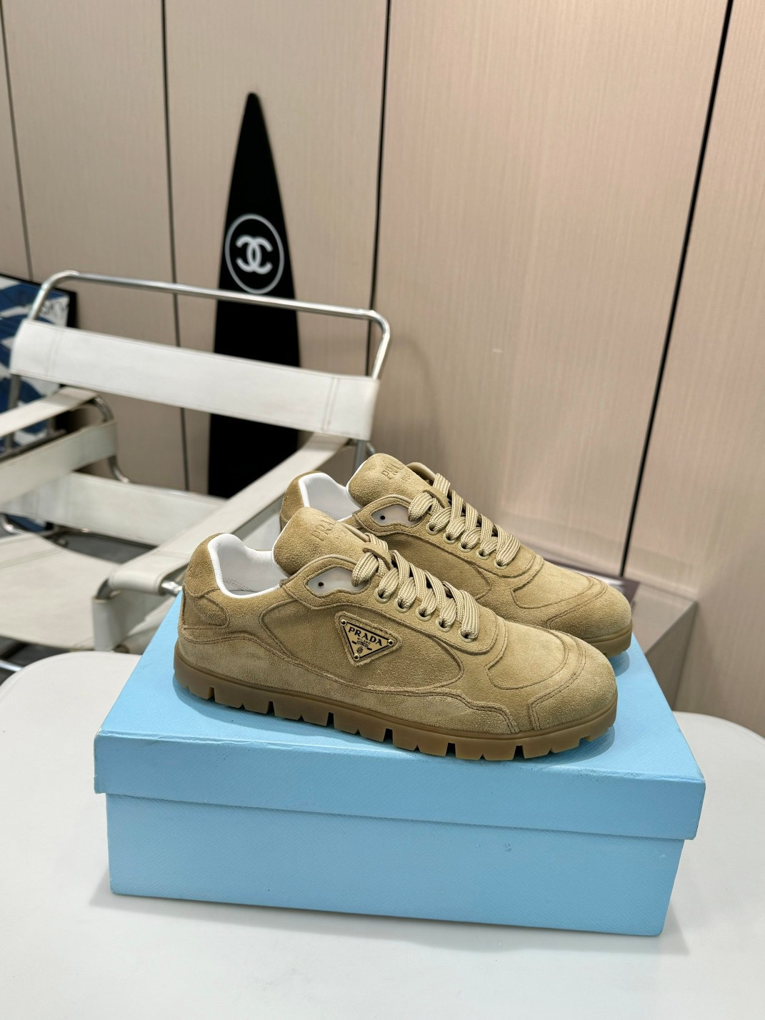 Prada Tri-Logo Lugs Downtown Suede Low-top Skate Shoe/ Sand - KAIROO