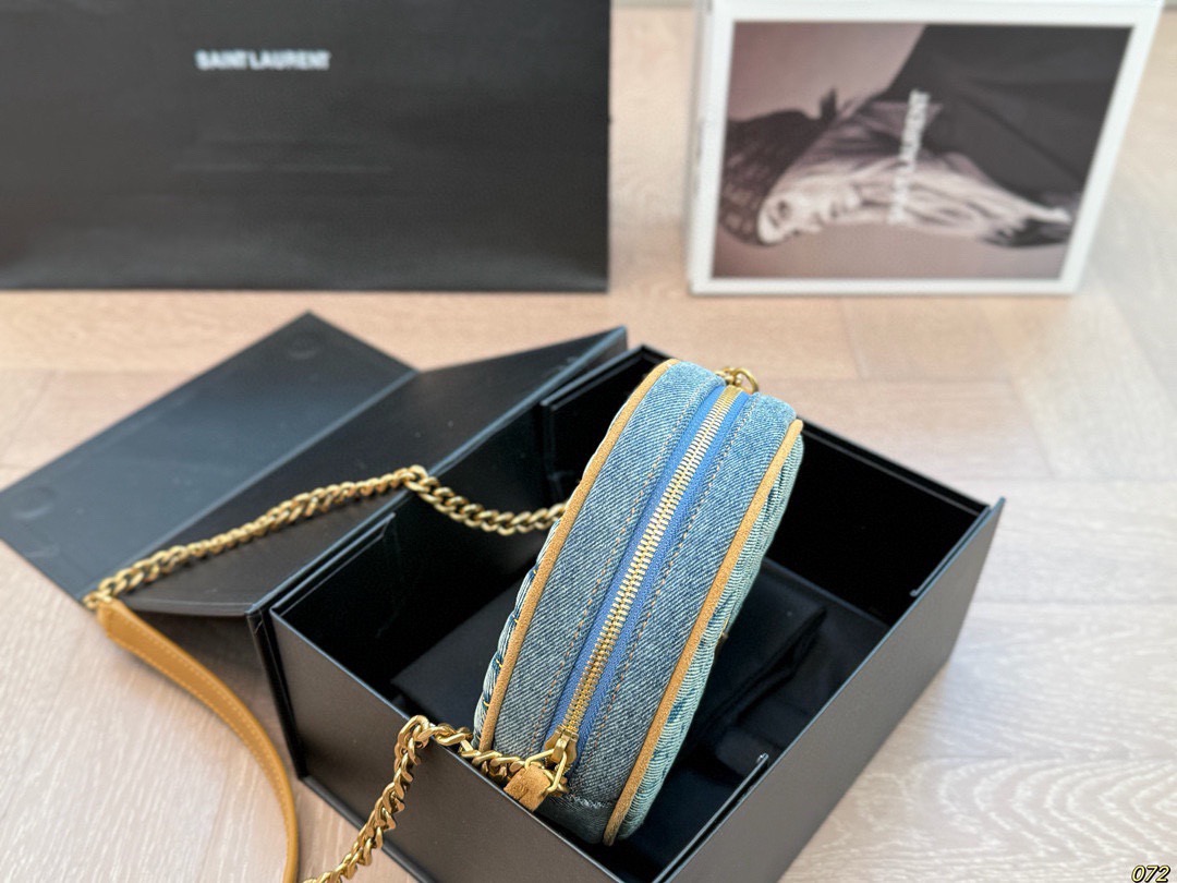 Saint Laurent YSL Chevron Quilted Washed Denim Cassandre Logo Round Circle Zip Shoulder Bag - KAIROO