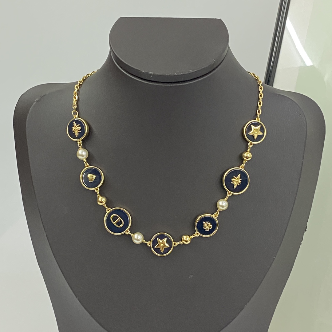 Dior Dark Blue Round Pendant Pearl Multi-element Necklace