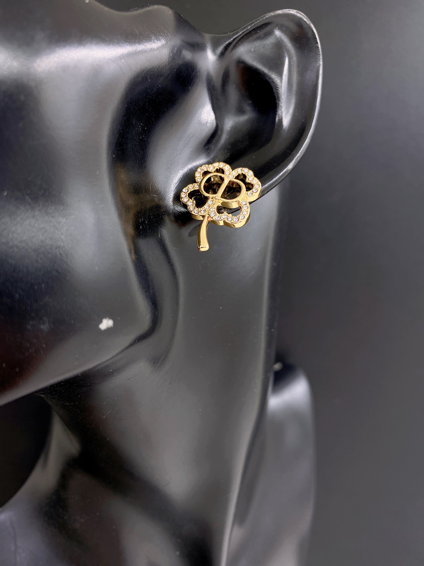 DIOR White Gold Full Pave Hollow Flower Stud Earrings