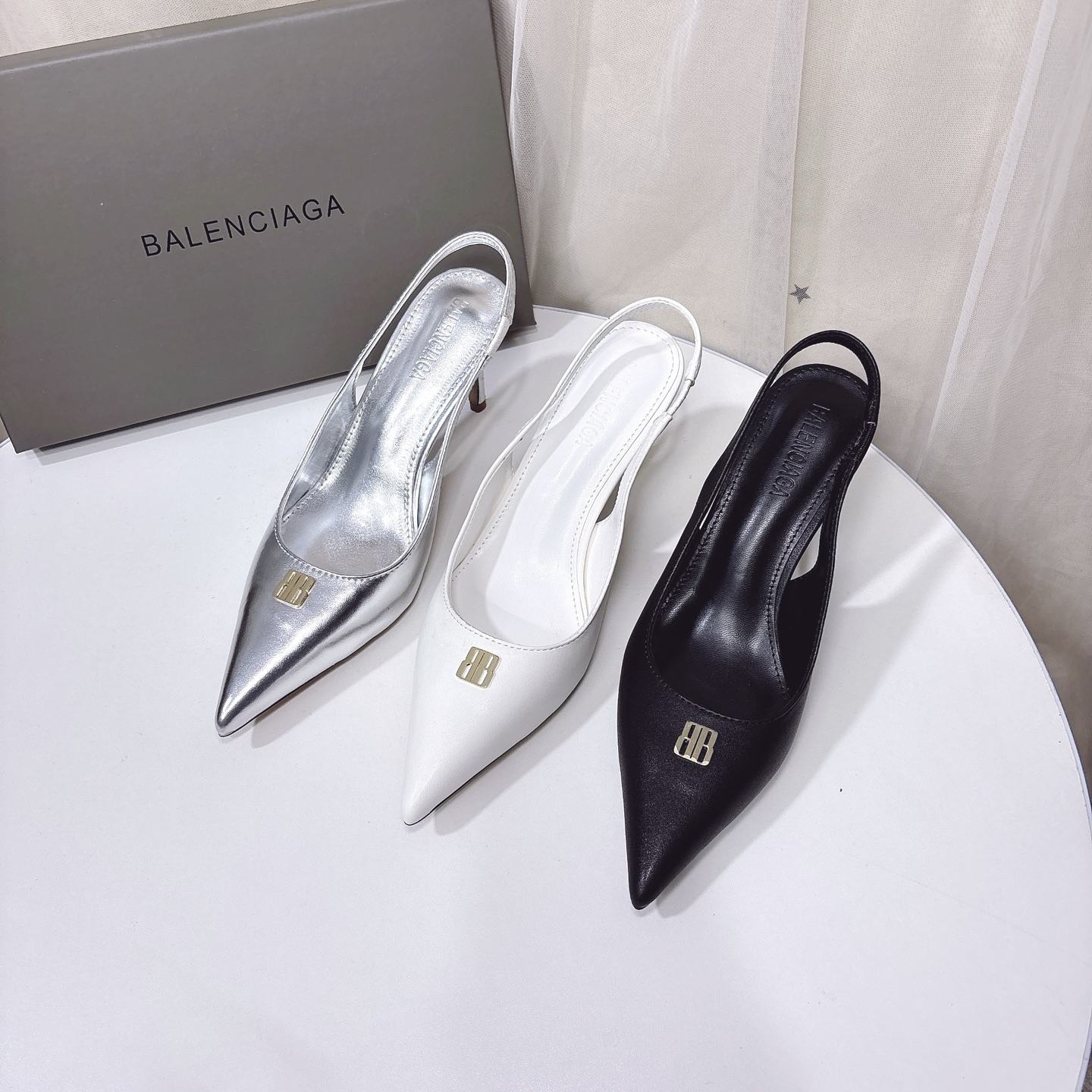 Balenciaga Pointed Toe Gold BB Hardware Smooth Leather Knife Slingbacks Strap Heels - KAIROO