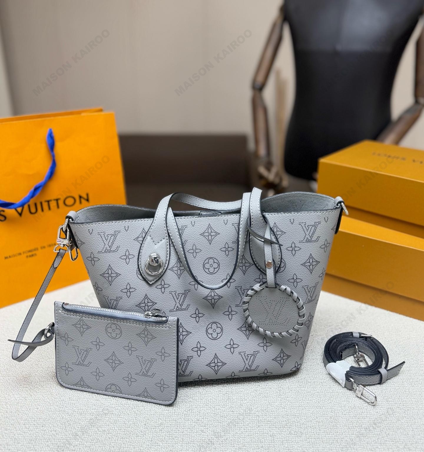 Louis Vuitton LV Mahina Blossom PM Grey Dense Perforated Monogram Leather Basket Handle Tote Bag - KAIROO