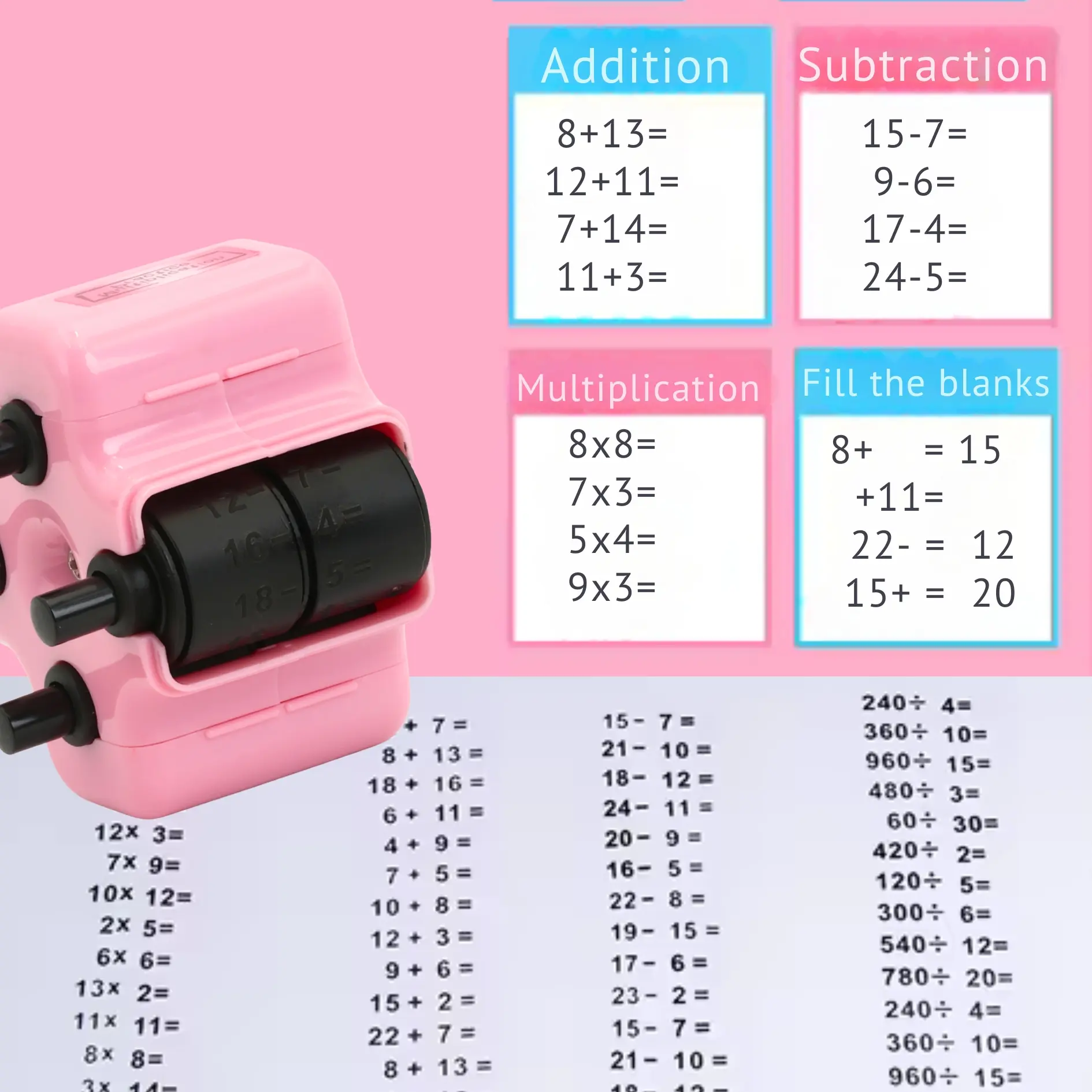 4-in-1 Math Stamp Roller - Addition, Subtraction, Multiplication & Fill-in-the-Blank - Screen-Free Educational Math Tool for Kids Ages 5-10 (Refillable Ink Included)