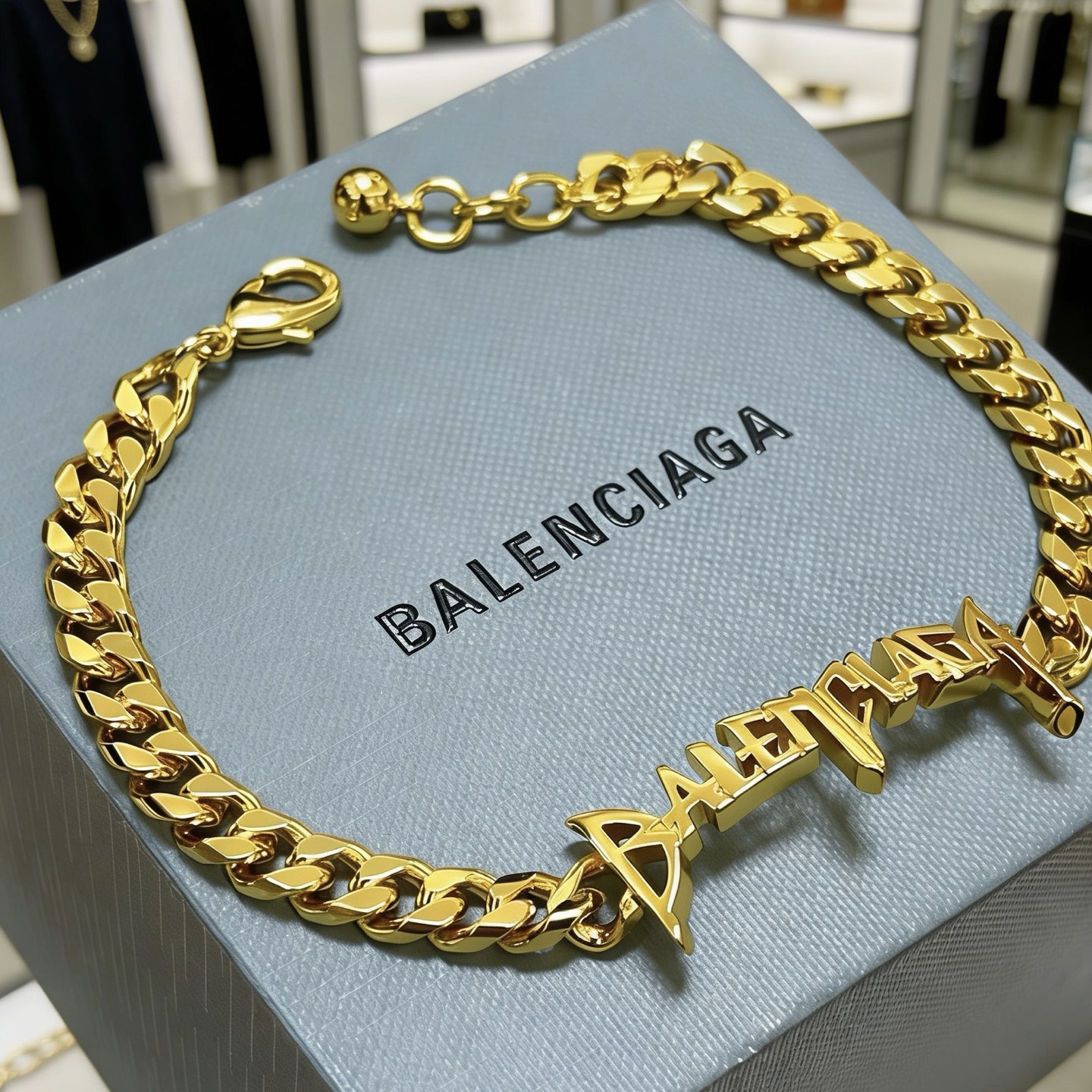 Balenciaga Goth Logo Oversized Curb Chain Gold Tone Bracelet - KAIROO