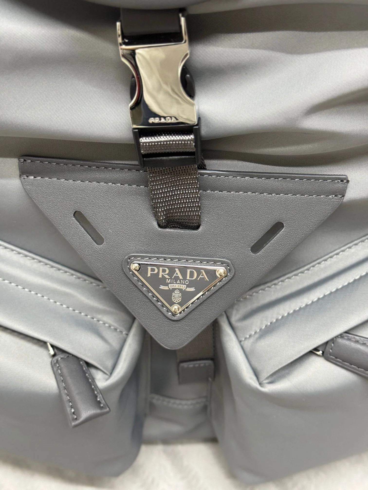 Prada TRIANGLE LOGO BACKPACK 42 IN RHINO GRAY RE-NYLON