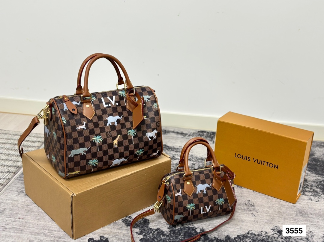 Louis Vuitton LV Speedy 20/30 Damier Ebene Safari Jungle Animal Printed Boston Top Handle Bag - KAIROO
