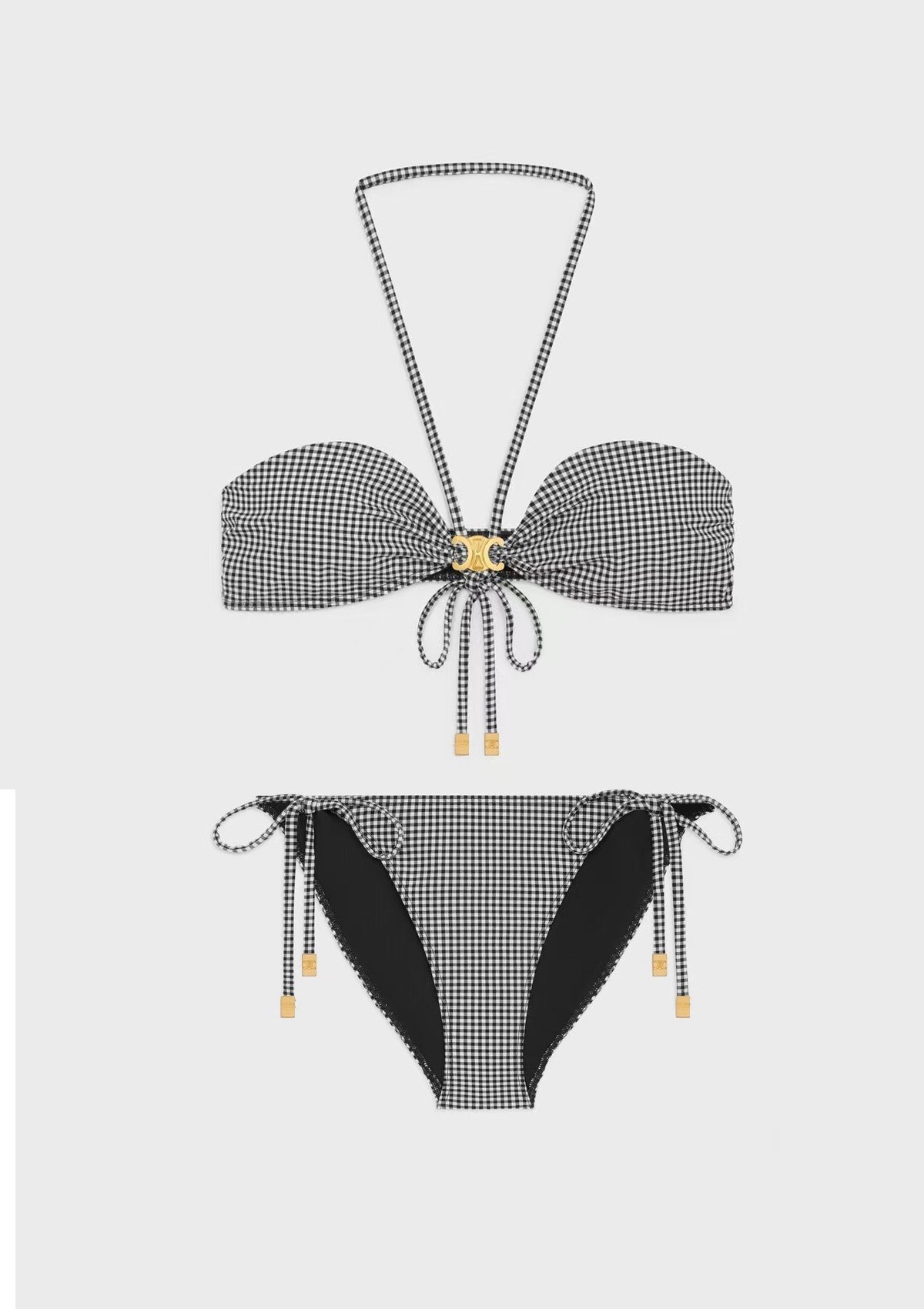 Celine Black & White Gingham Triomphe Buckle Halter Tie Bikini Swimwear - KAIROO