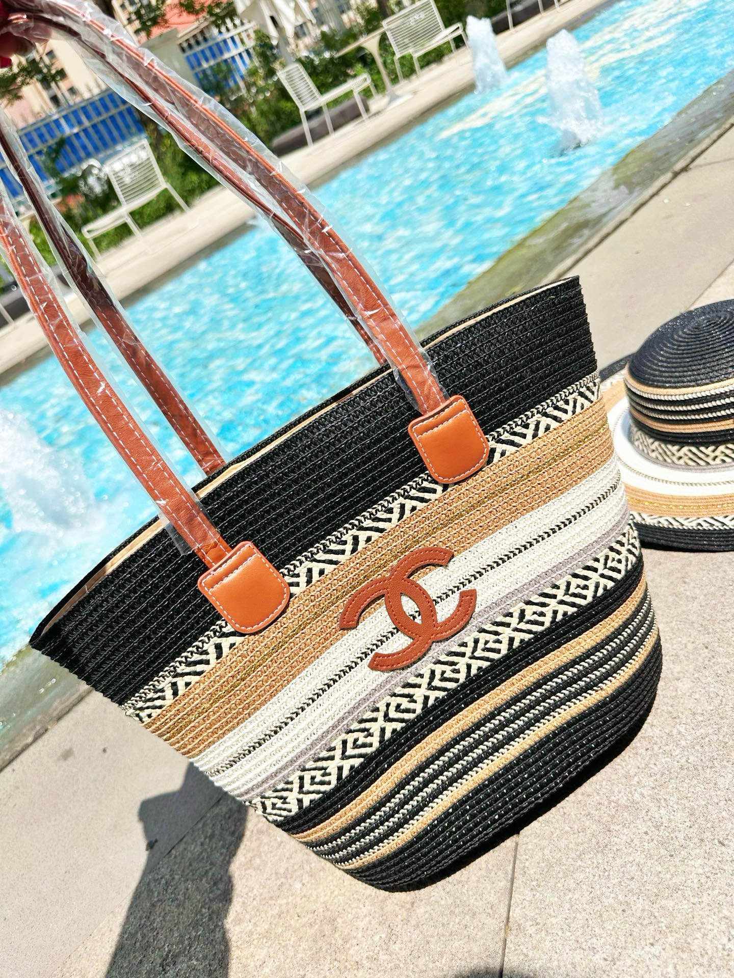 Chanel Multicolor Black Striped Woven Raffia Tote Bag & Matching Wide-Brim Sun Hat Beach Set - KAIROO