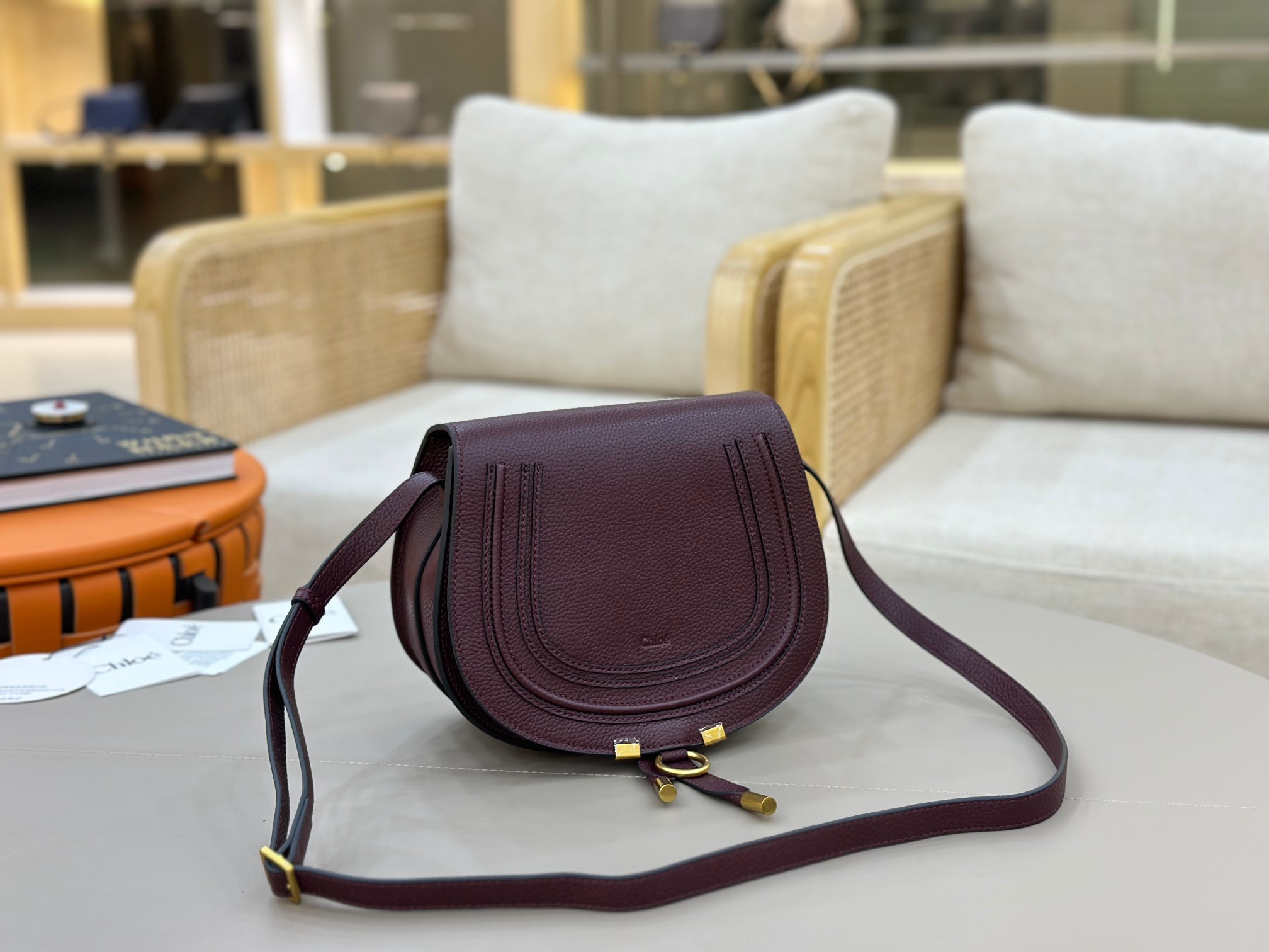 Chloe Marcie Saddle Bag in Grained Calfskin-Burgundy