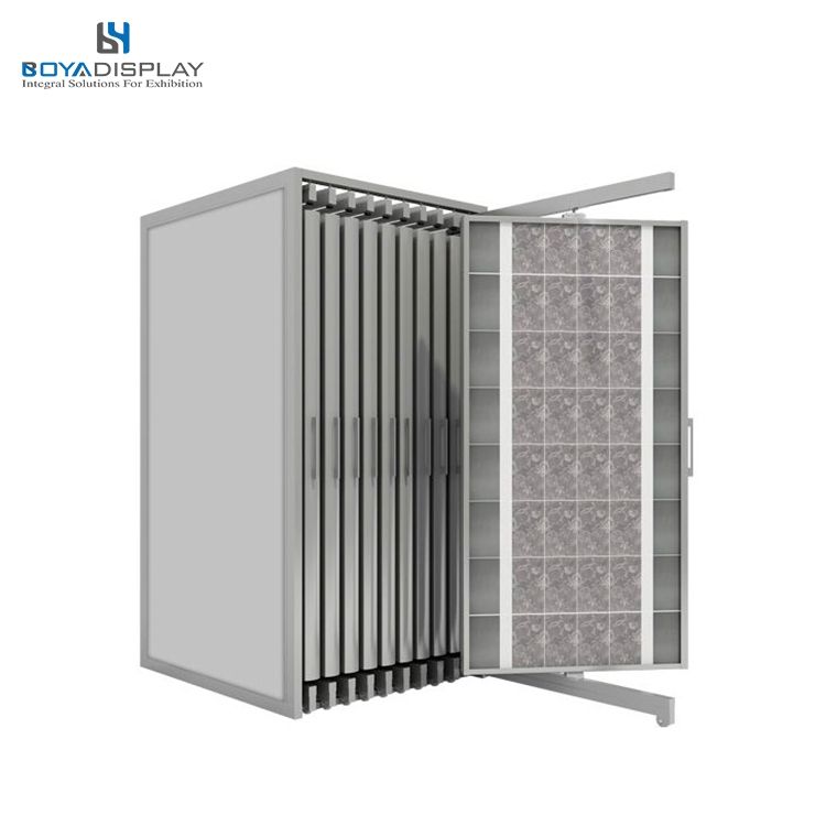 Modern Eco-Friendly Metal Sliding Tile Display Rack-Customizable Shelves & Height Push-Pull Tile Sample Stand for Showroom Use
