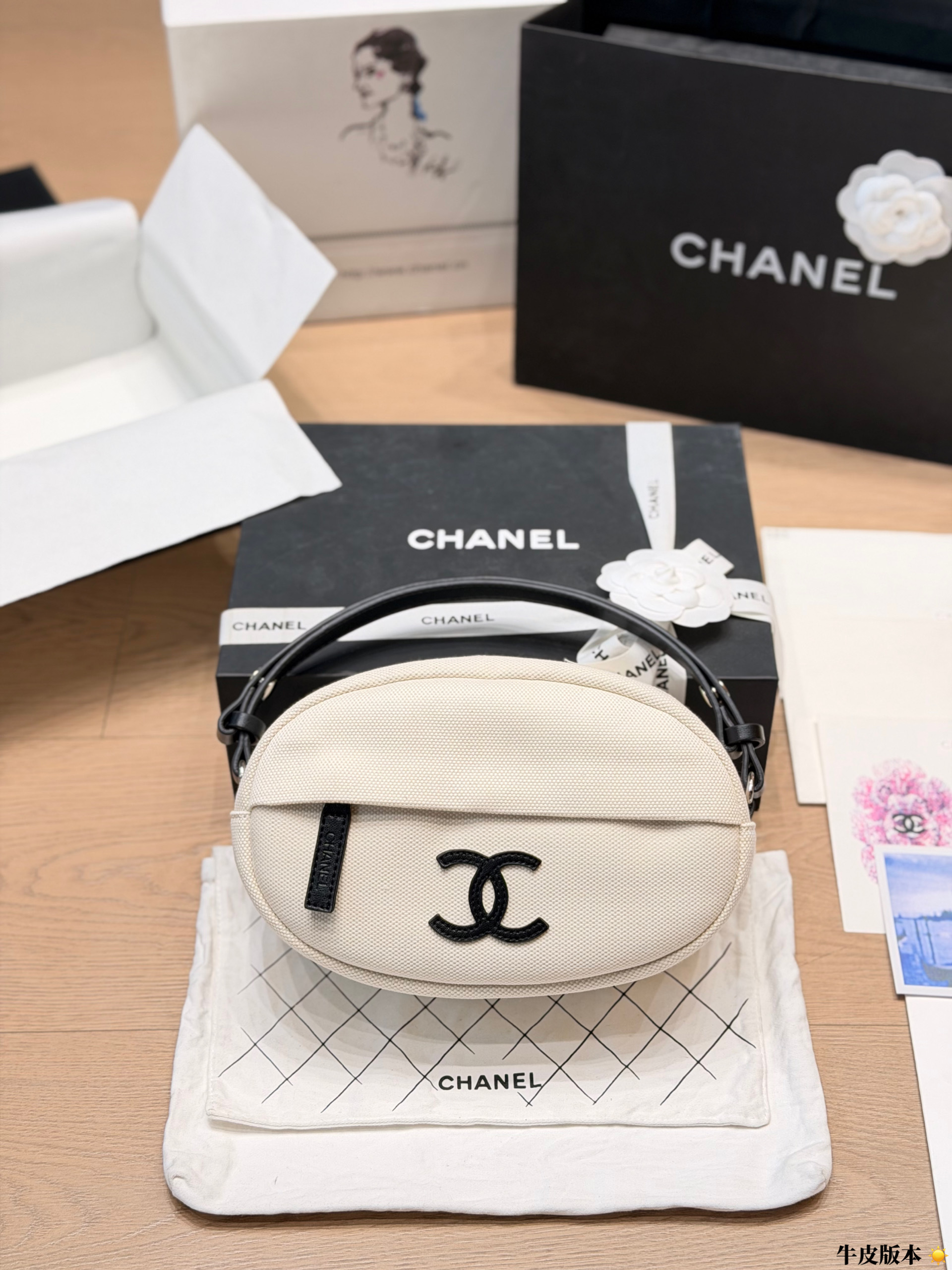 Chanel Oval Canvas & Grained Leather CC Logo Half Moon Hobo Top Handle Bowling Bag - KAIROO