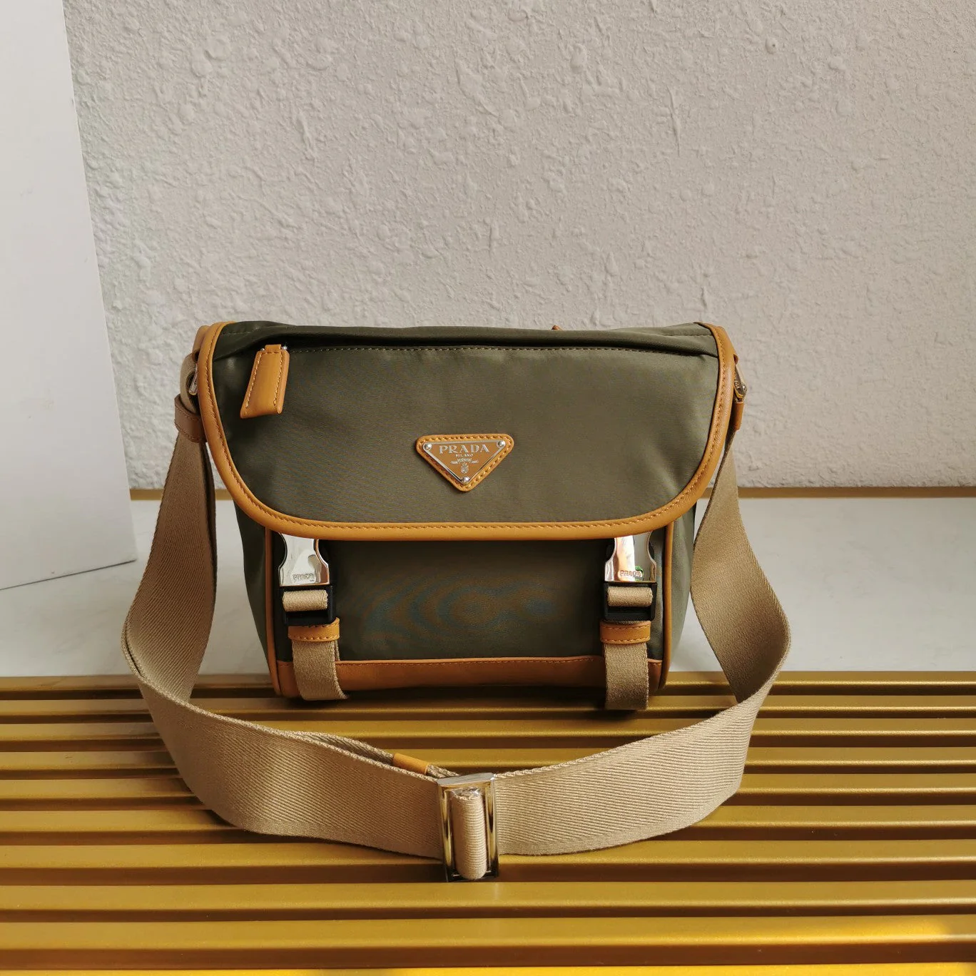 Prada MESSENGER BAG 20 IN KHAKI GREEN RE-NYLON AND BROWN CALFSKIN TRIM