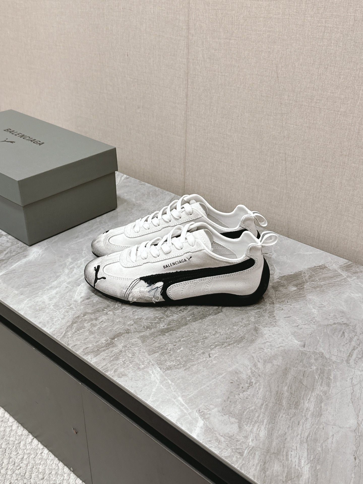 Balenciaga x Puma White Worn-Out Broken Logo Leather Suede Speed GAT Sneakers - KAIROO