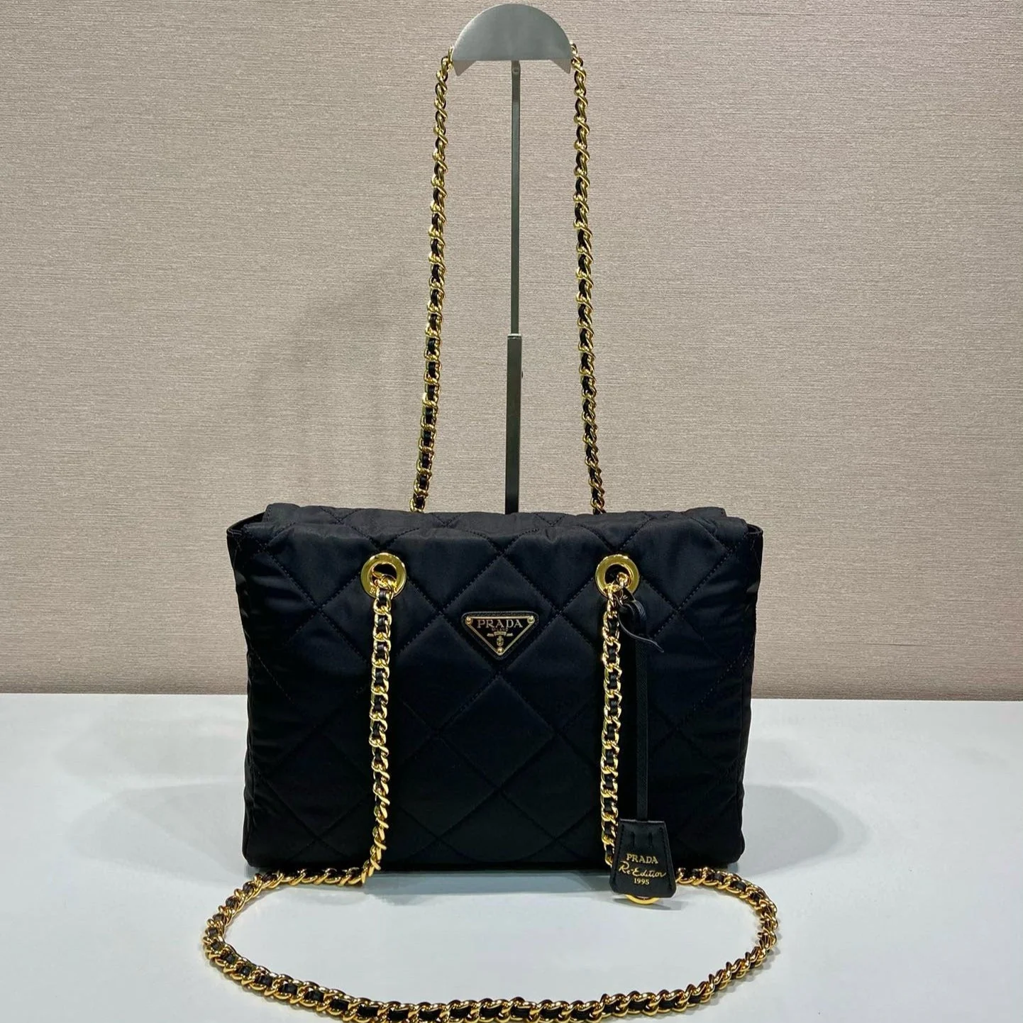 Prada Gold Chain Bag Black Re-Nylon