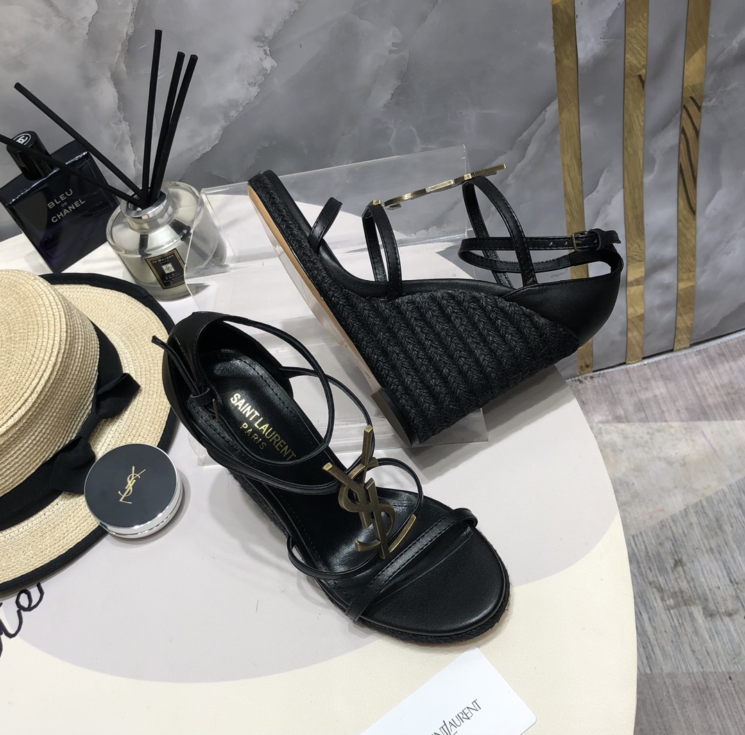 Saint Laurent Black Cassandra YSL Monogram Strappy Ankle Strap Platform Woven Jute Wedge Heel Sandals - KAIROO