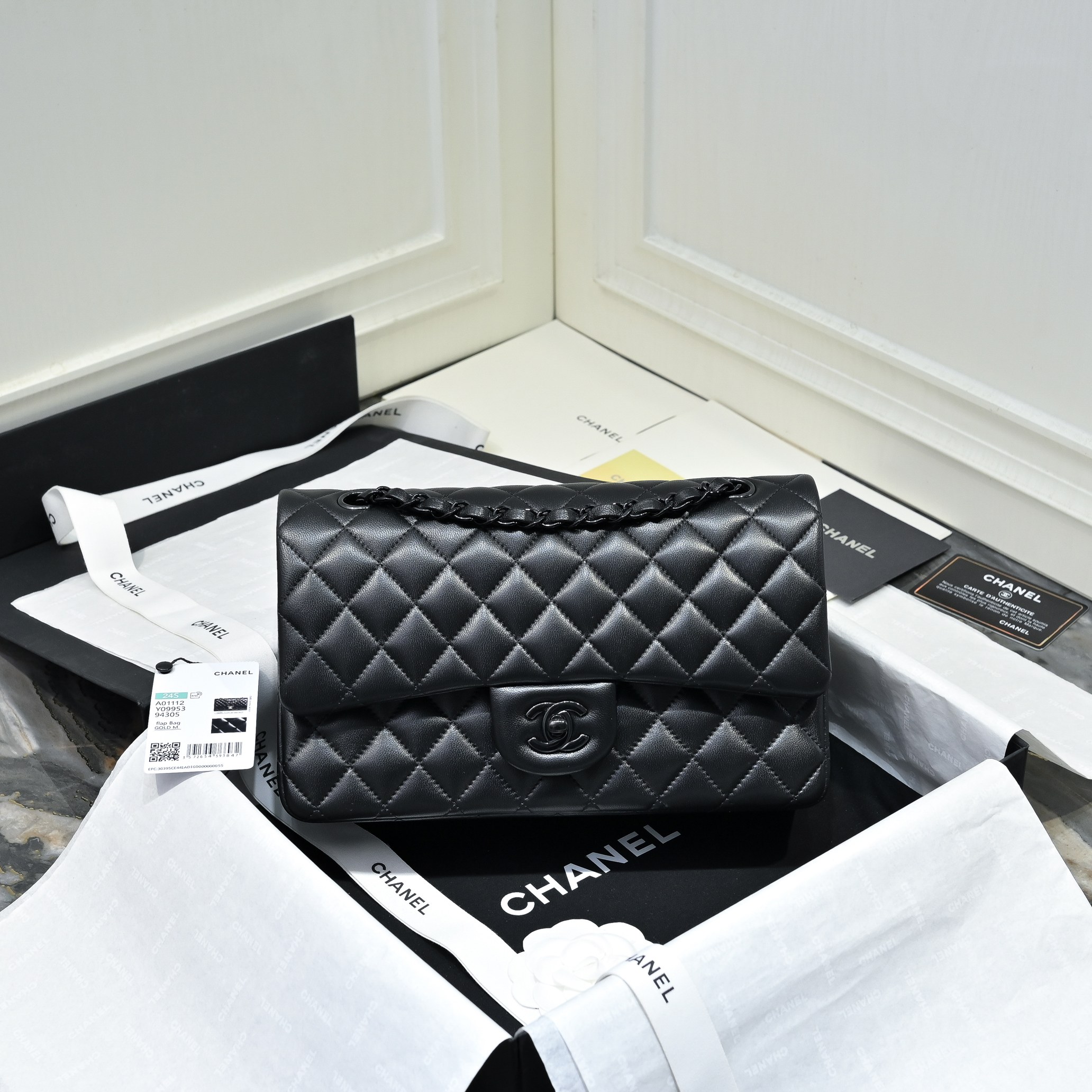 Chanel Classic 11.12 Handbag in Black Lambskin Black-Tone Metal
