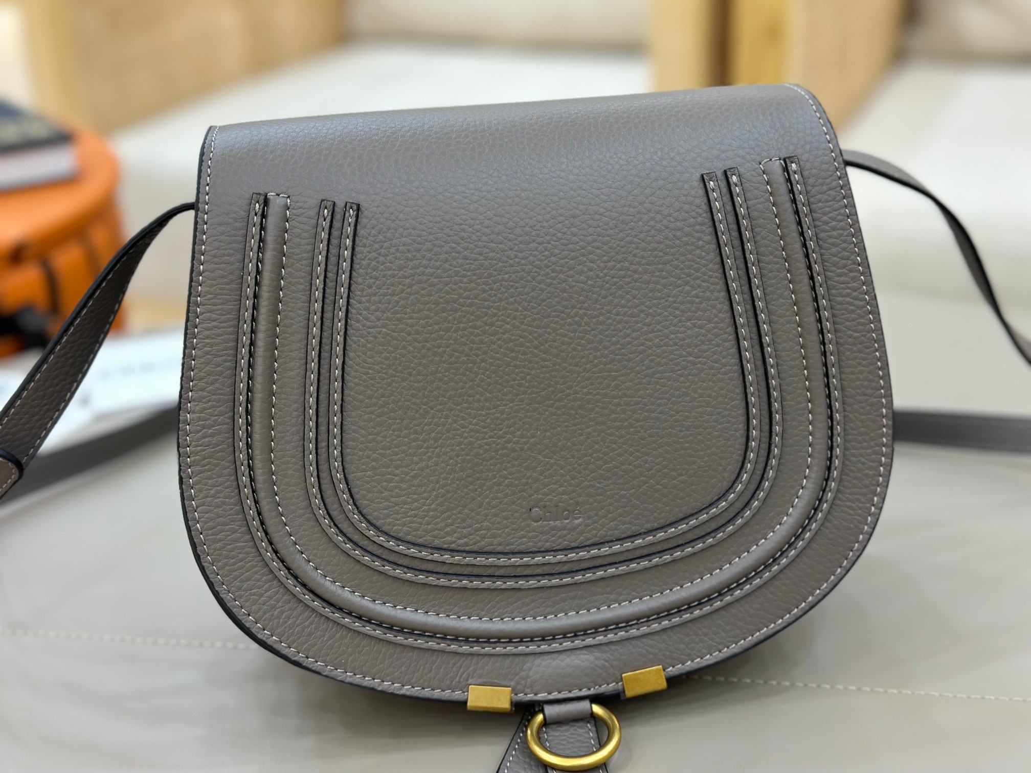 Chloe Marcie Saddle Bag in Grained Calfskin-Grey