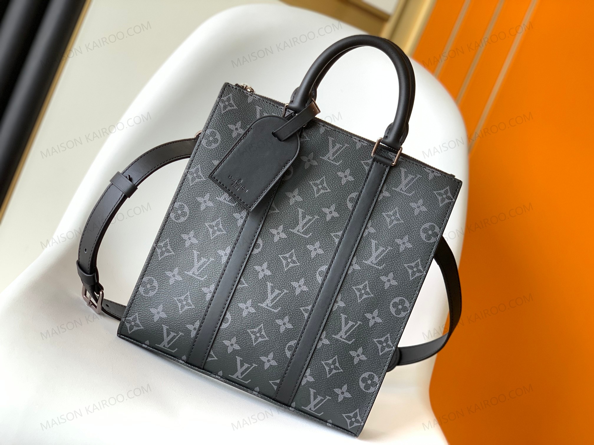 Louis Vuitton LV Sac Plat PM Black Eclipse Monogram Canvas Handheld Briefcase Vertical Tote Bag - KAIROO