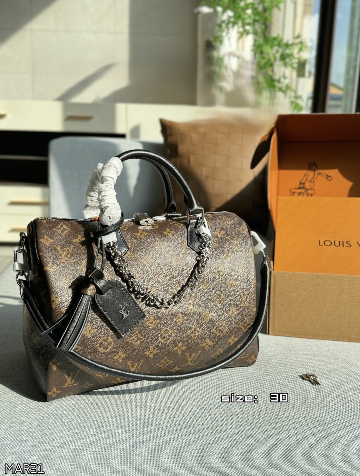 Louis Vuitton LV Speedy 30 Monogram Canvas Gothic Chain Tassel Black Leather Handle Boston Bag - KAIROO