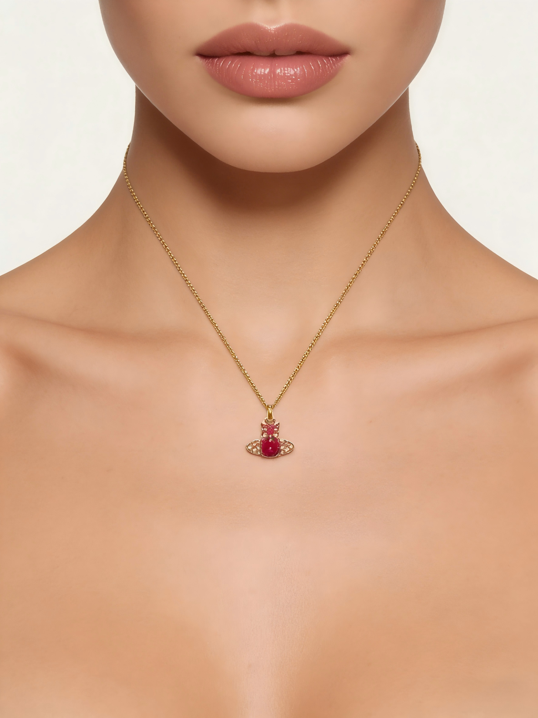 2026 New Gold-Tone Mini Orb Necklace, Rose Red Crystal Accent, Dainty Dopamine Jewelry for Daily Wear