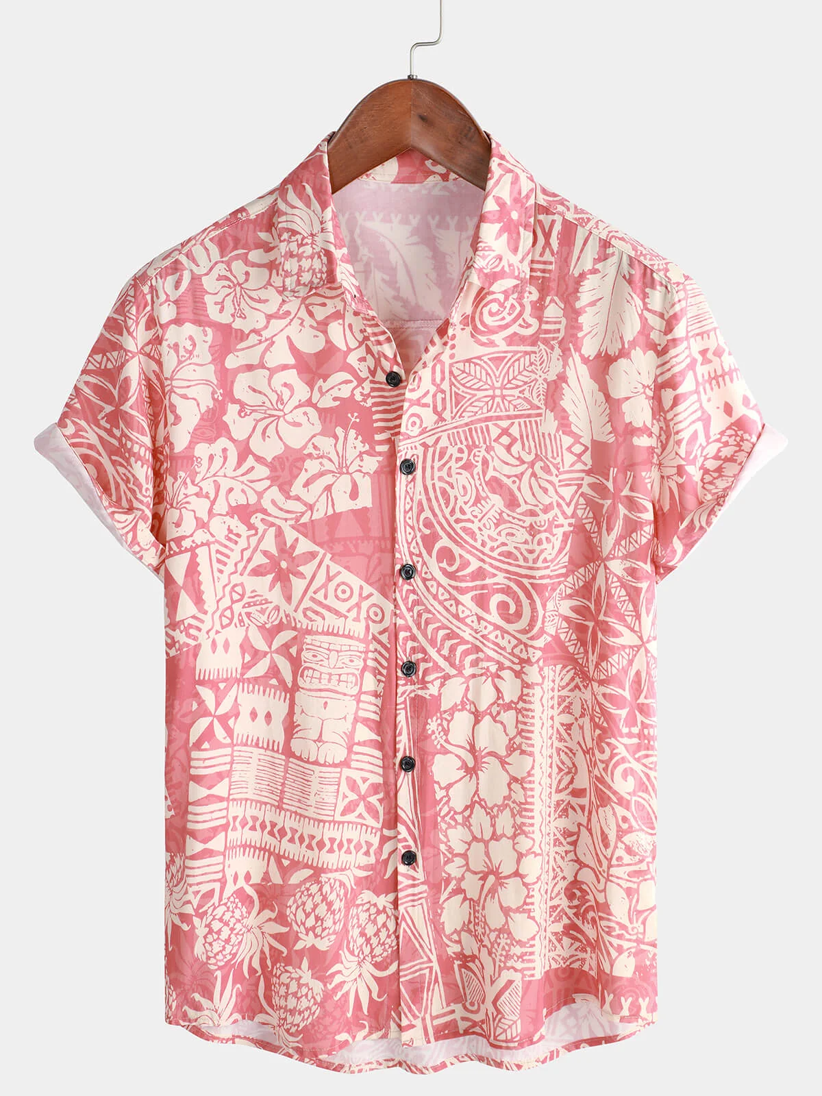 Men's Pink Tropical Floral Hawaiian Vacation Button-Up Short Sleeve Shirt
