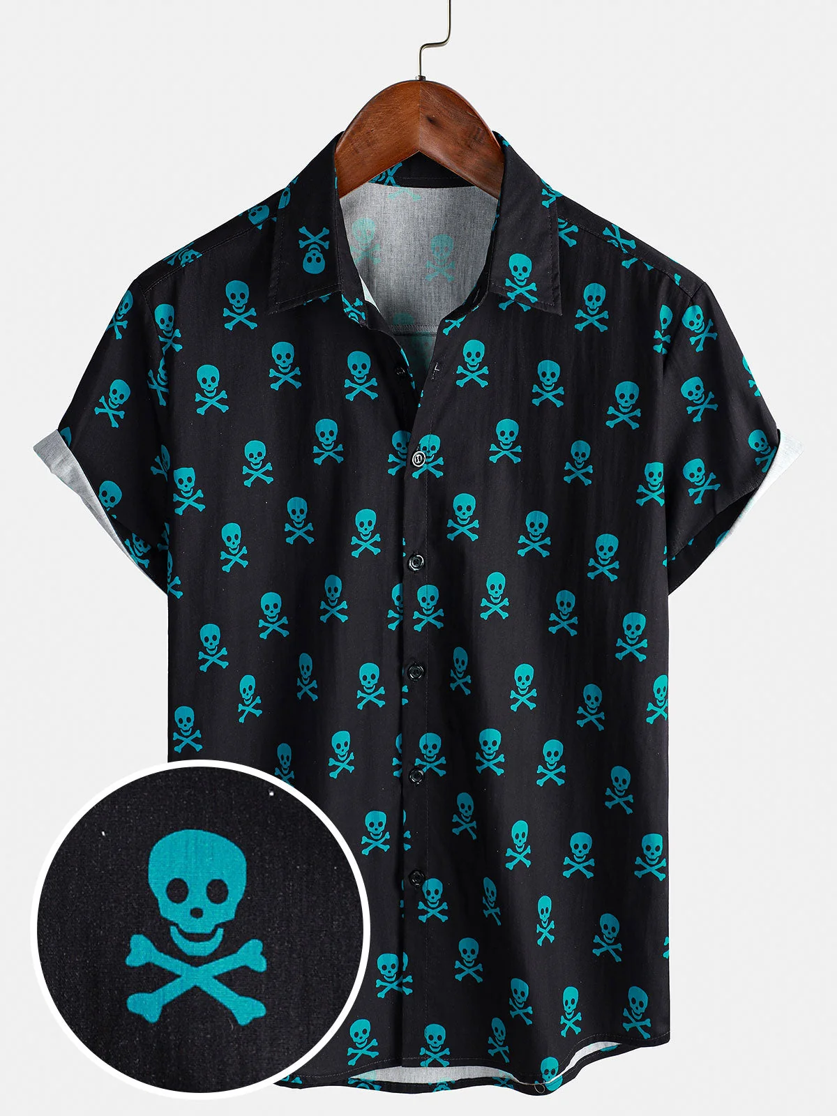 Men's Skull Punk Rock Breathable Cotton Summer Beach Vacation Short Sleeve Shirt