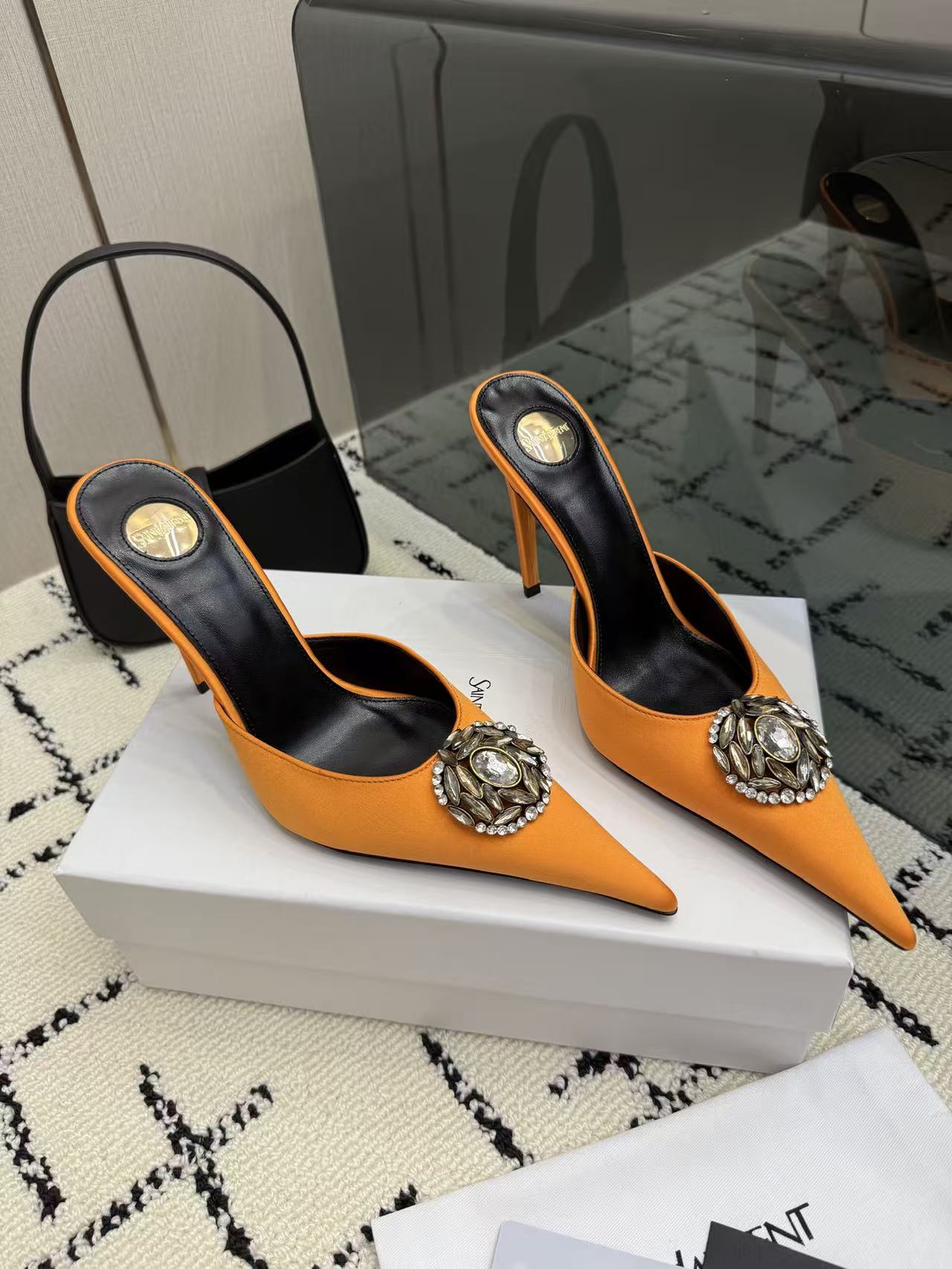 Saint Laurent YSL Orange Pointed Toe Satin Crystal Brooch Stiletto Heel Mules Sandals - KAIROO