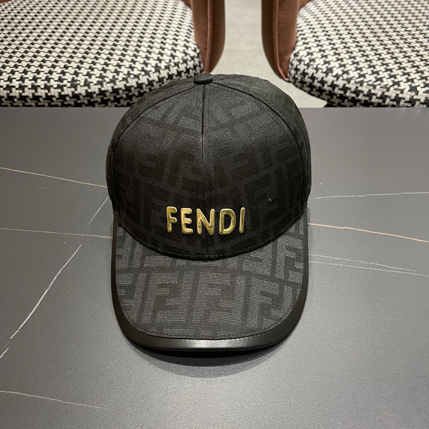 Fendi FF Monogram Canvas Baseball Cap Hat With Gold Tone Fendi Logo - KAIROO