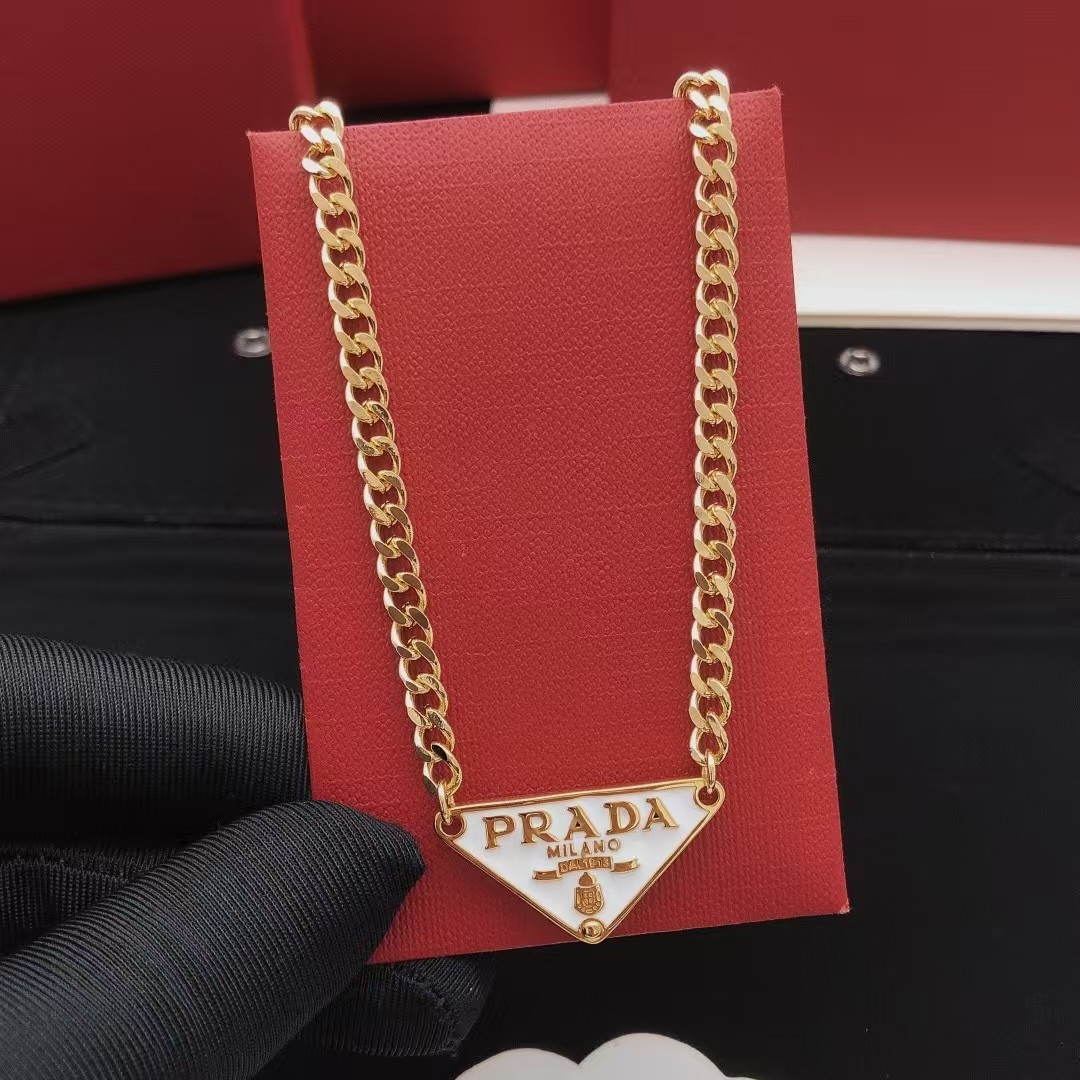 Prada Enameled Triangle Logo Chunky Curb Chain Gold Necklace - KAIROO