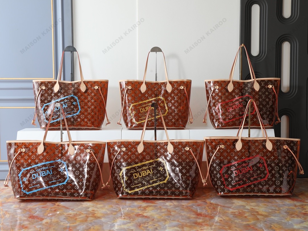 Louis Vuitton LV Neverfull MM&GM Amber PVC Transparent Clear Dubai Stamp Monogram Pool Tote Bag With Pouch - KAIROO