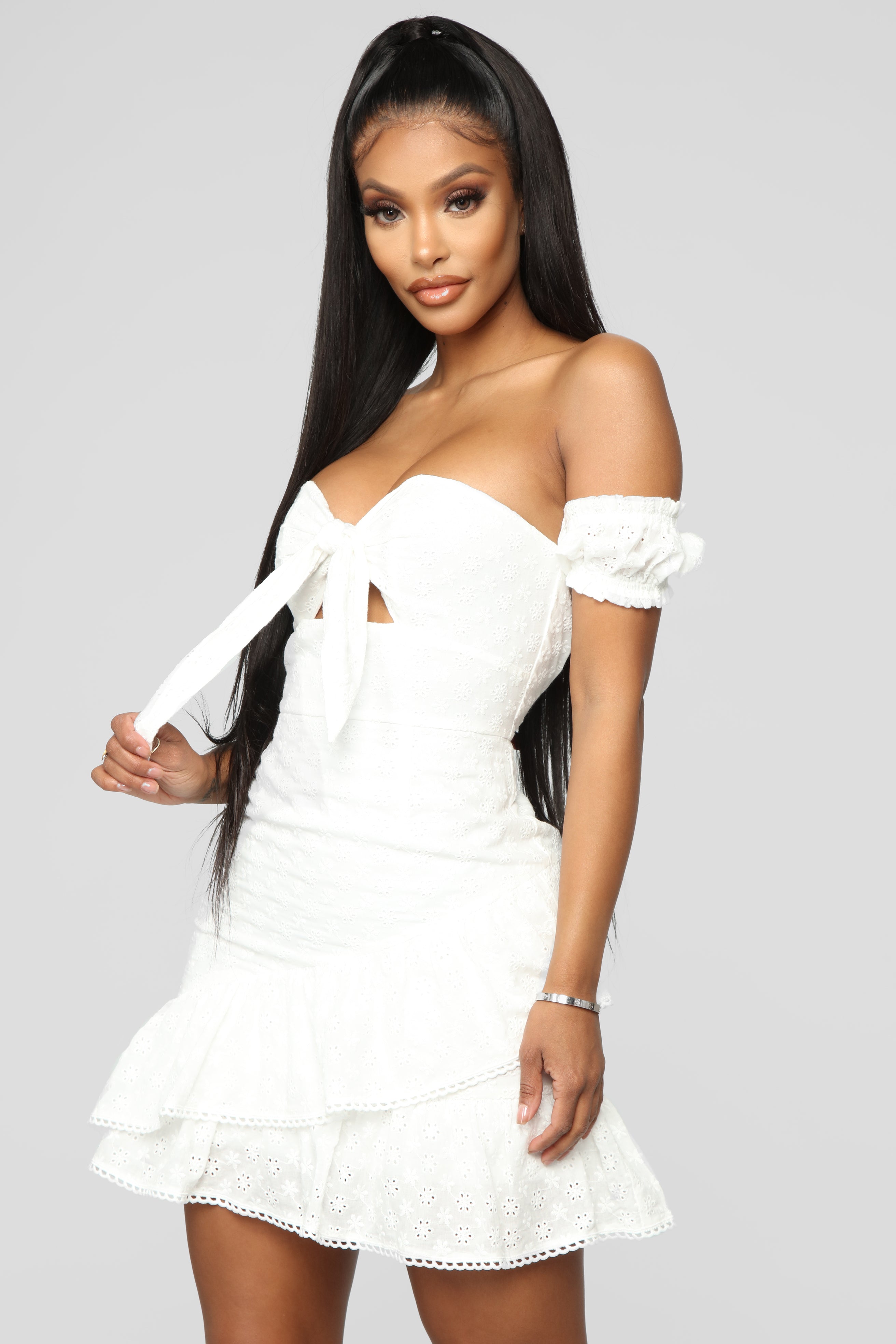 Hold The Phone Eyelet Mini Dress - White