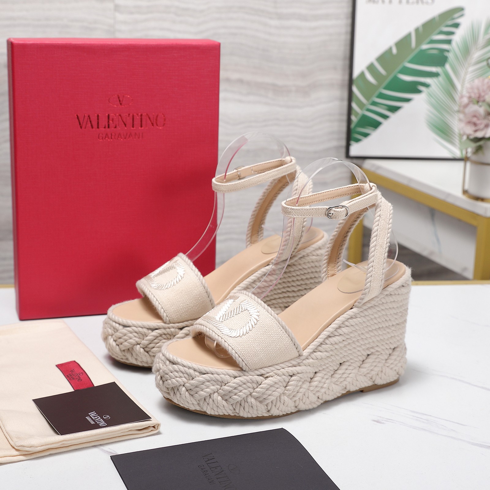 Valentino Garavani Beige Canvas VLogo Embroidered Open Toe Platform Wedge Espadrille Sandal Heel - KAIROO