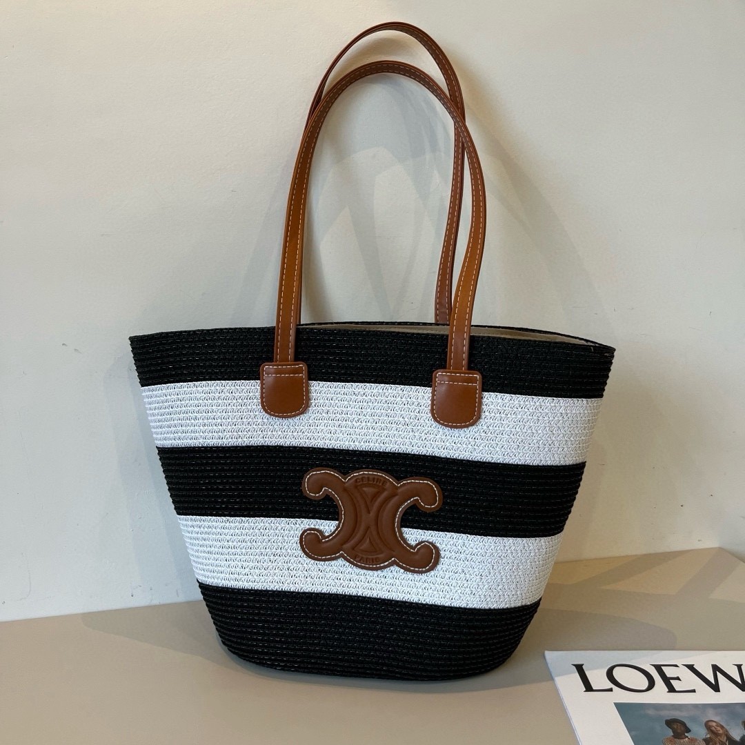 Celine Horizontal Black And White Striped Triomphe Patch Woven Raffia Basket Tote Bag - KAIROO
