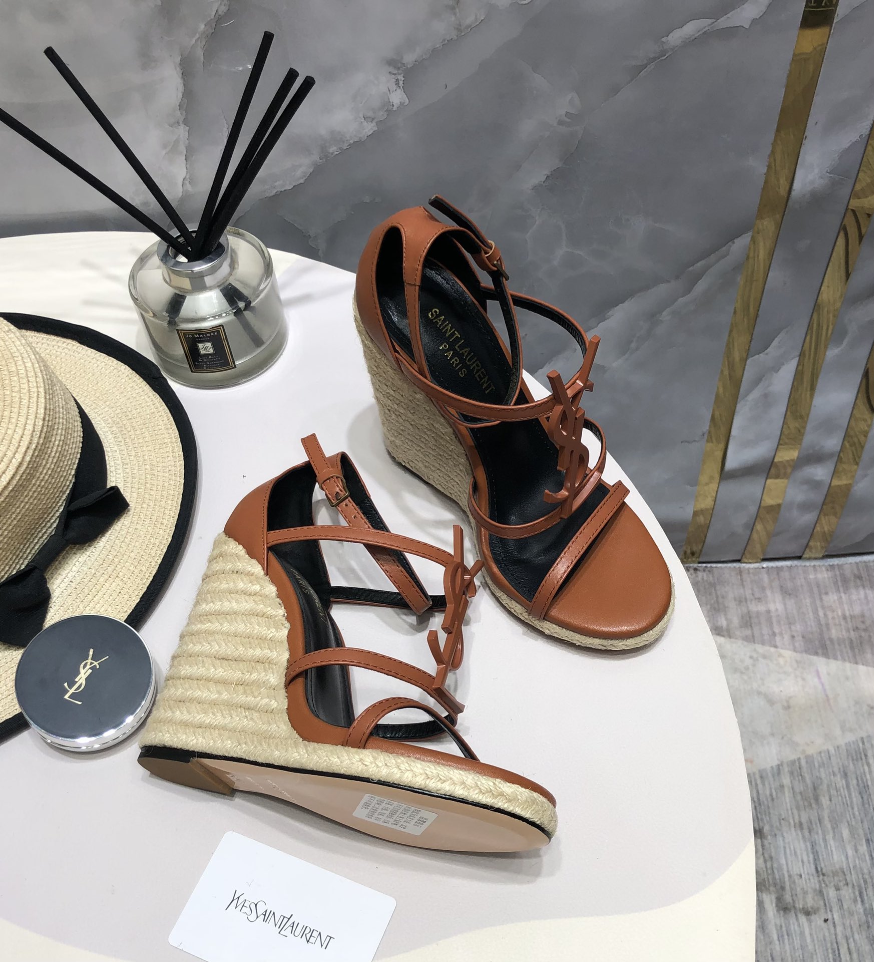 Saint Laurent Tan Cassandra YSL Monogram Strappy Ankle Strap Platform Woven Jute Wedge Heel Sandals - KAIROO