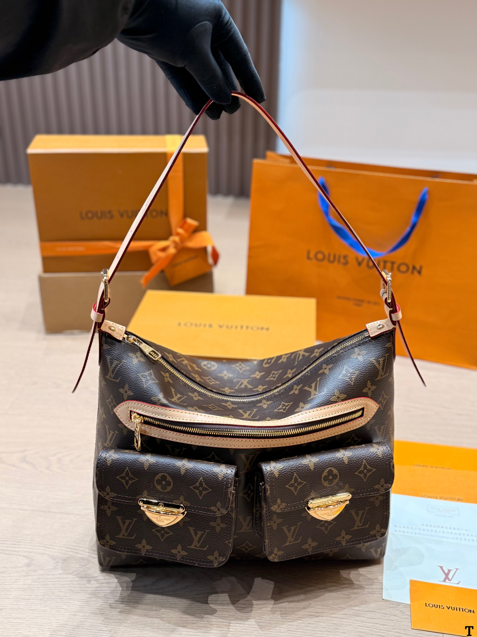 Louis Vuitton LV Baggy Monogram Coated Canvas Sunset Boulevard GM Zip Pocket Hobo Shoulder Bag - KAIROO