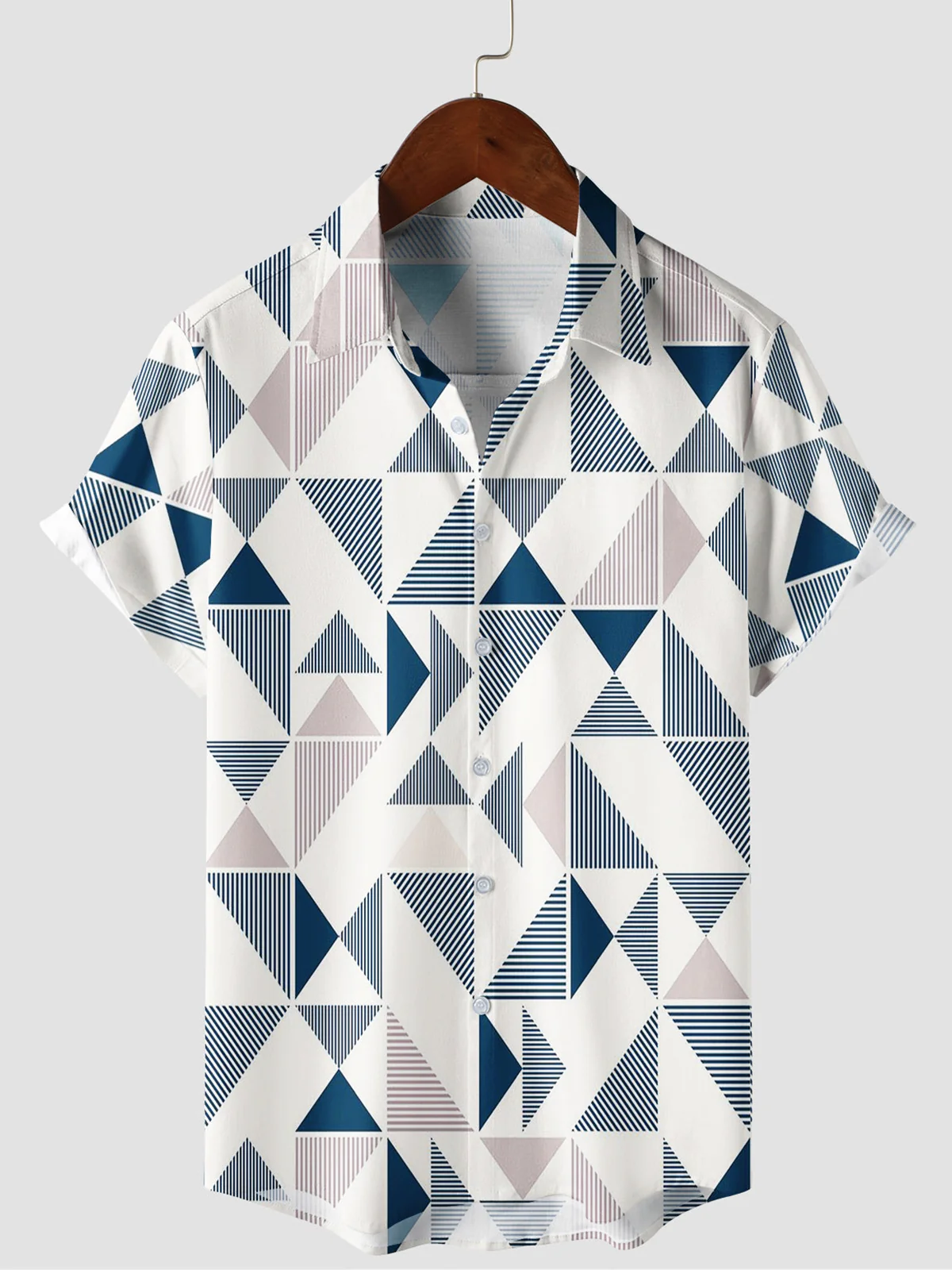 Men's Blue White Geometric Triangle Print Summer Beach Button-Up Short Sleeve Shirt