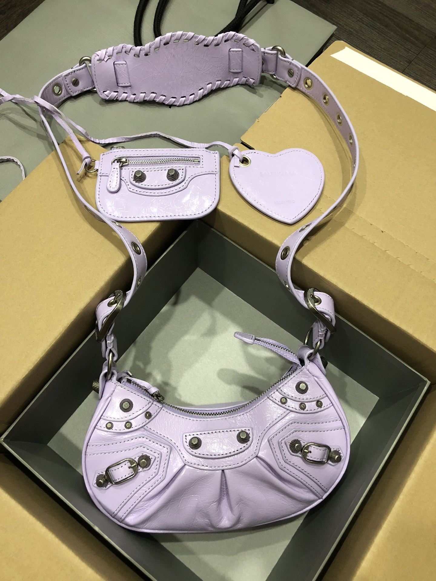 Balenciaga Le Cagole Lilac Limited Crinkled Leather Studded Purse& Heart Mirror Charm Hobo Shoulder Bag - KAIROO