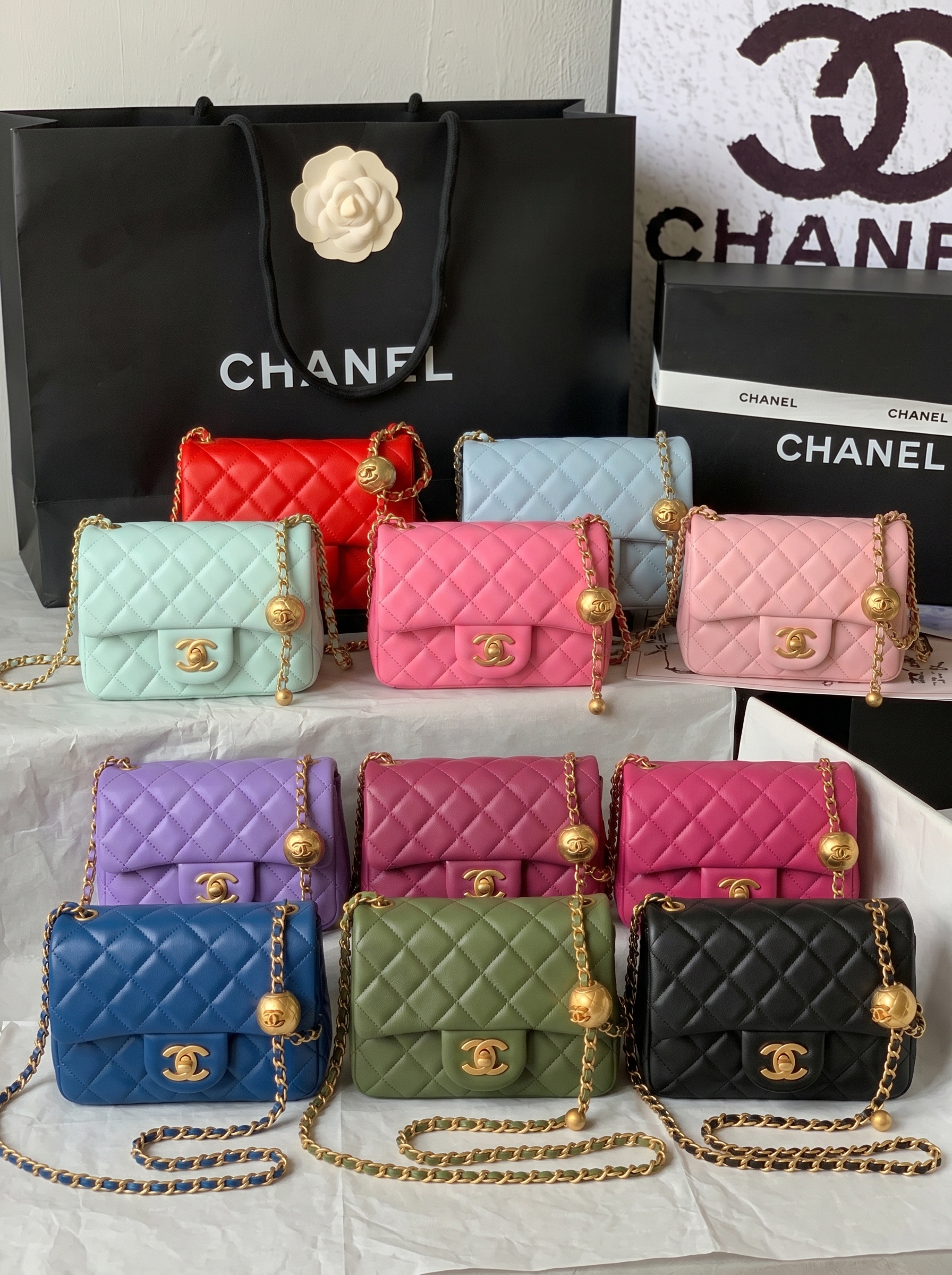 Chanel Mini Square CF 17CM Gold Ball Pearl Crush Quilted Leather Flap Chain Shoulder Bag - KAIROO
