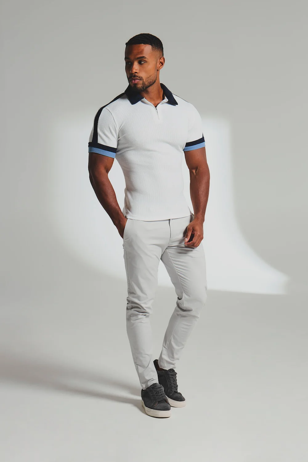 Colour Blocked Zip Neck Polo Shirt