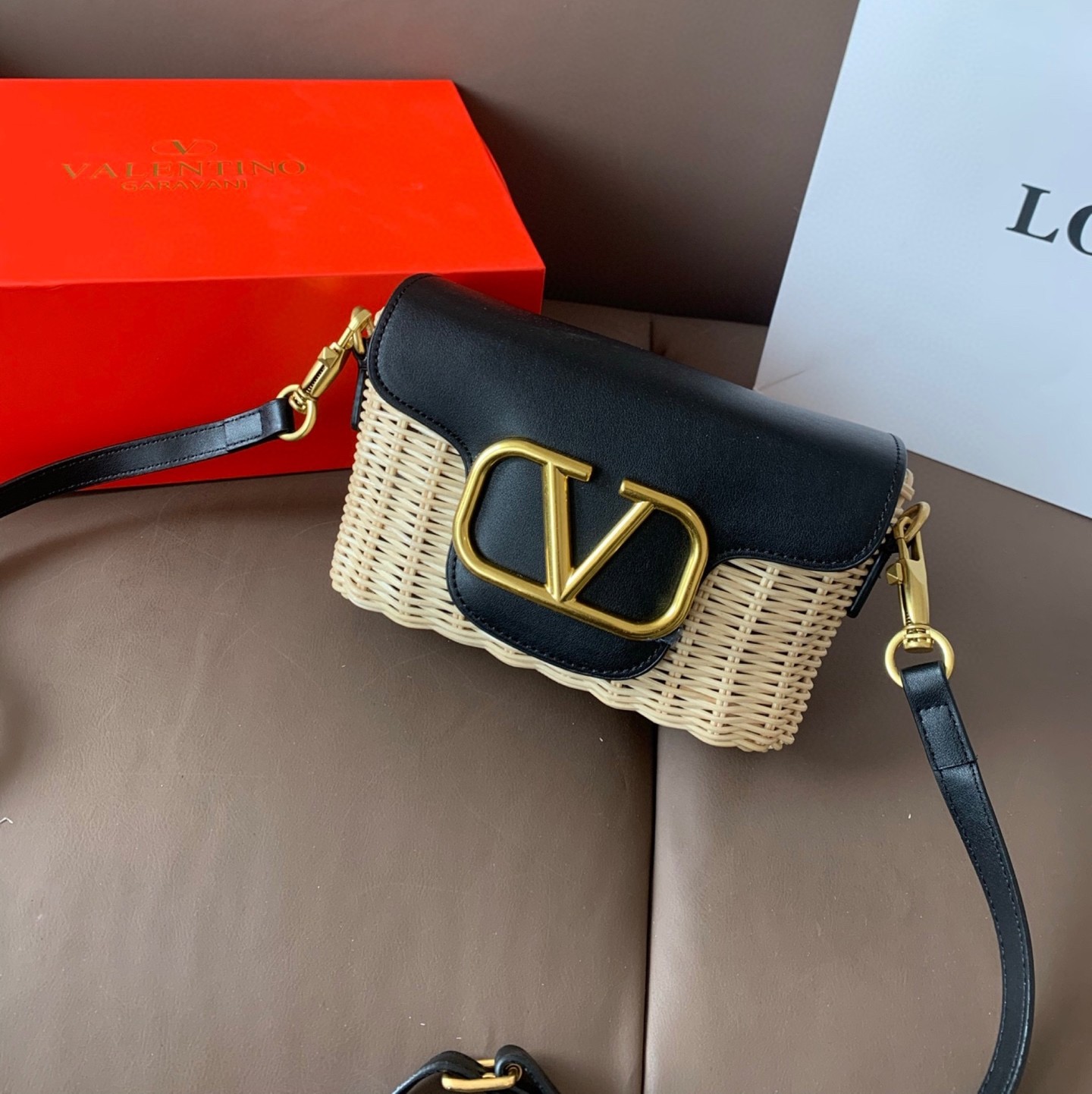 Valentino VLogo Black Boxy Wicker And Smooth Leather Flap Crossbody Basket Bag - KAIROO