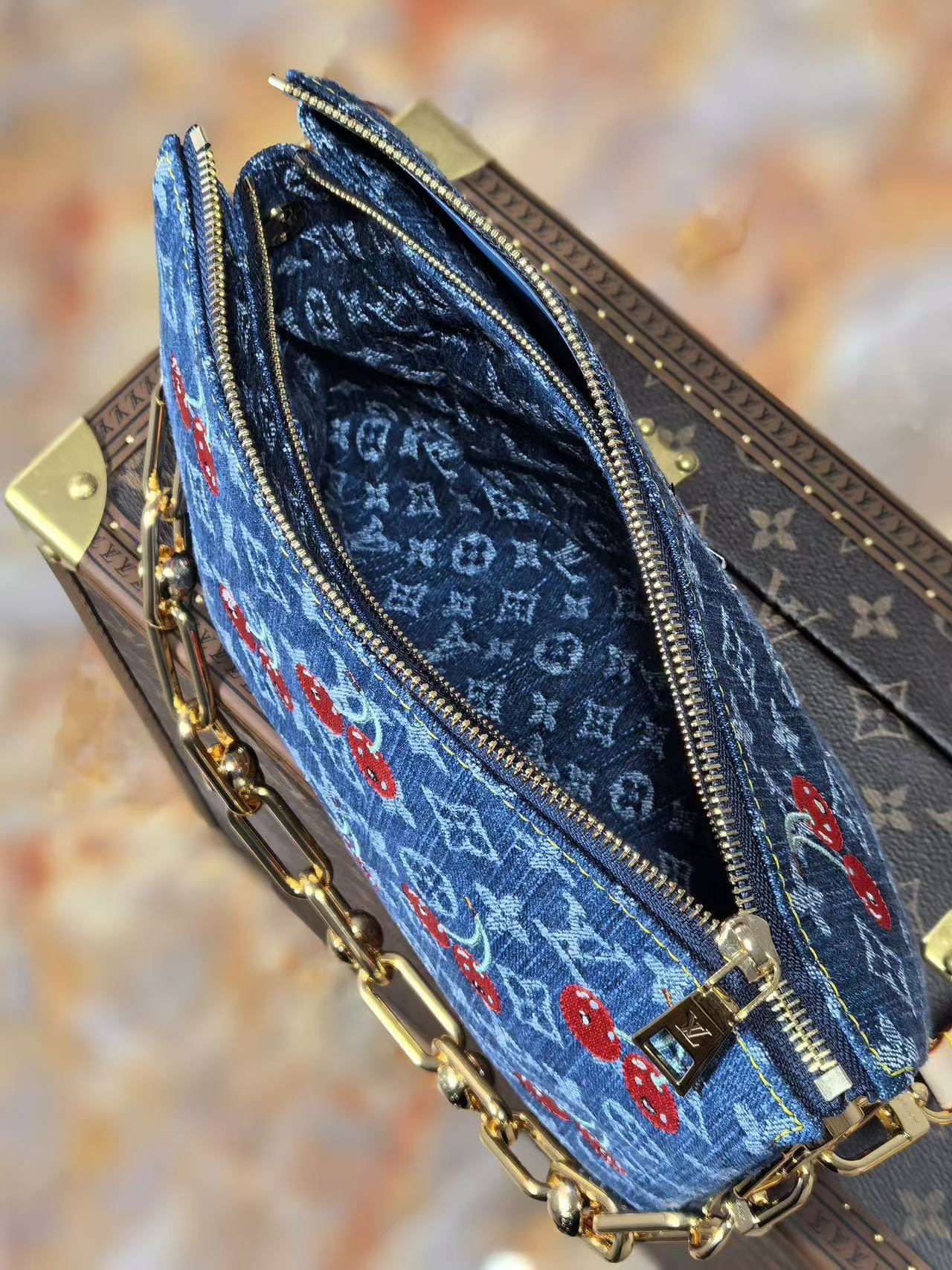 Louis Vuitton LV new denim cherry embroidery chain bag