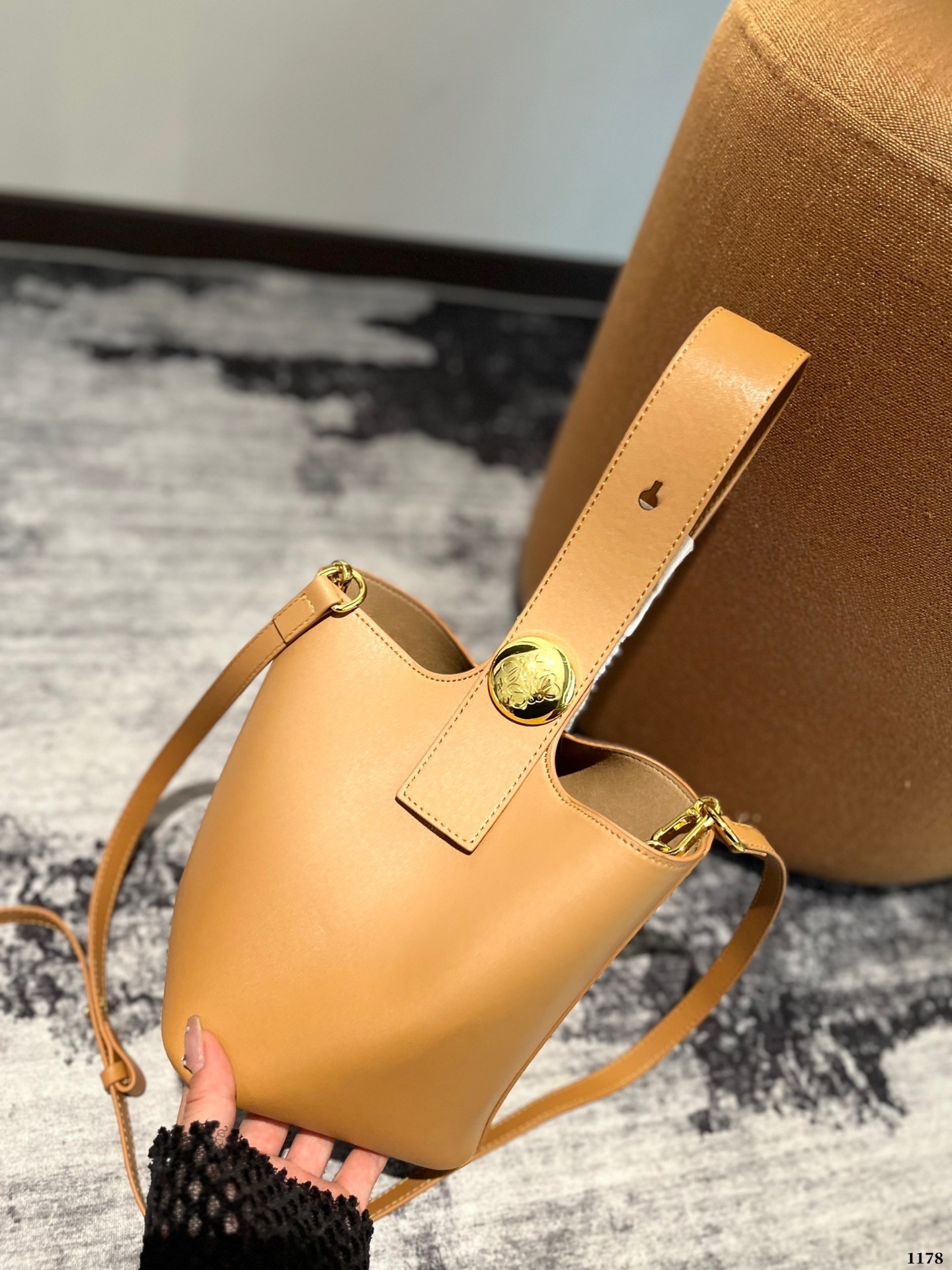 Loewe Oak Brown Mini Pebble Grain Leather Gold Metal Anagram Handle Shoulder Bucket Bag - KAIROO