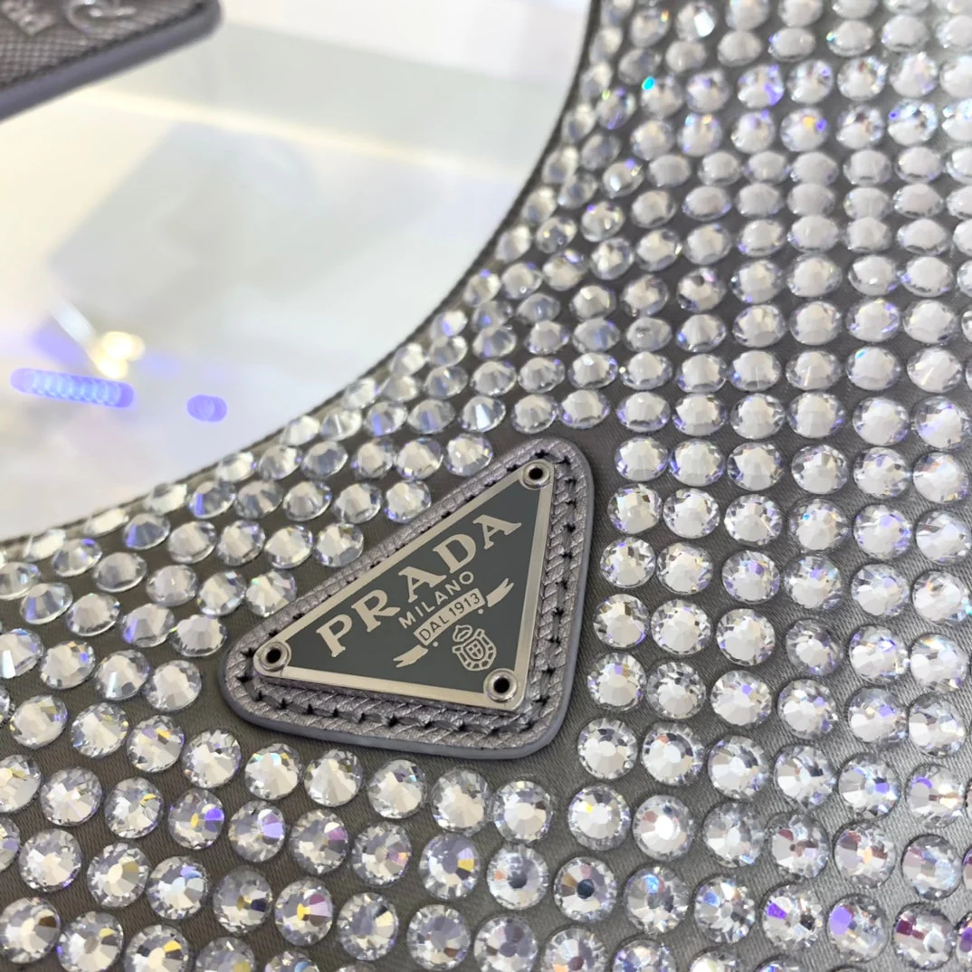 Prada SPARKLING HOBO BAG 23 IN SILVER NYLON ATTACHED FULLY CRYSTALS