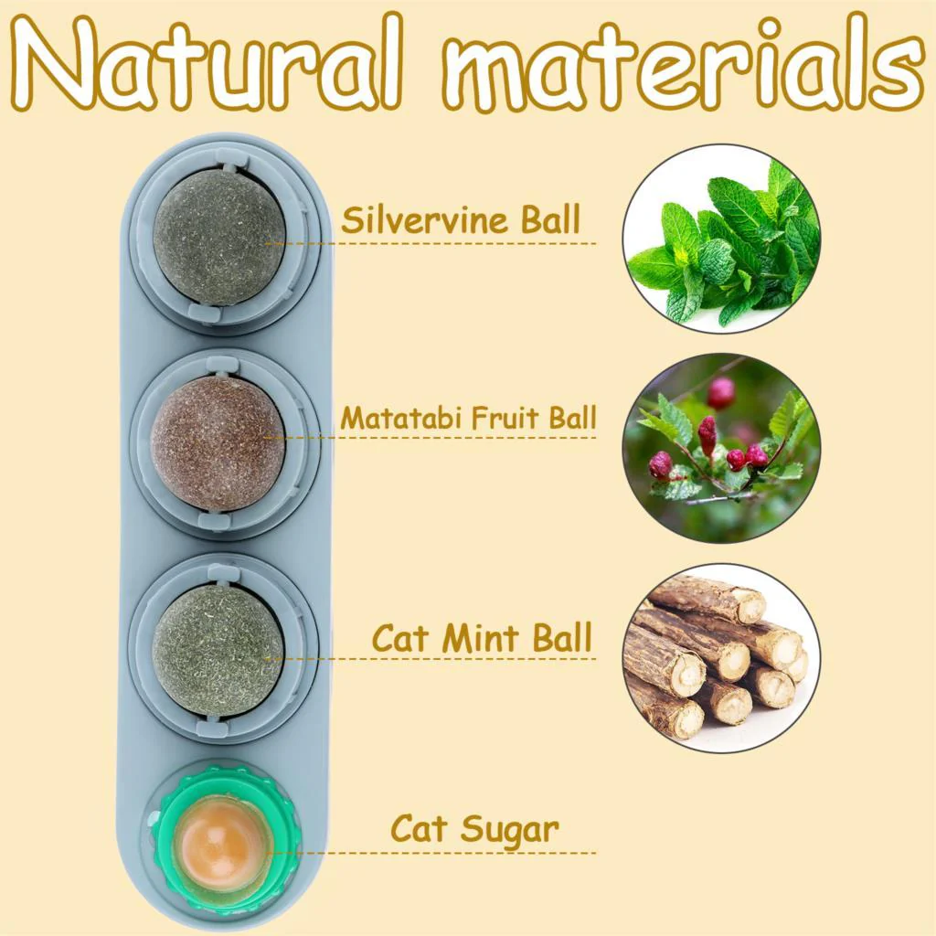 4pcs Catnip Ball Set Cat Treat Toys Snack Self-Adhesive Teething Molar Catnip Ball Rotated Wall For Cats Mount Toy
