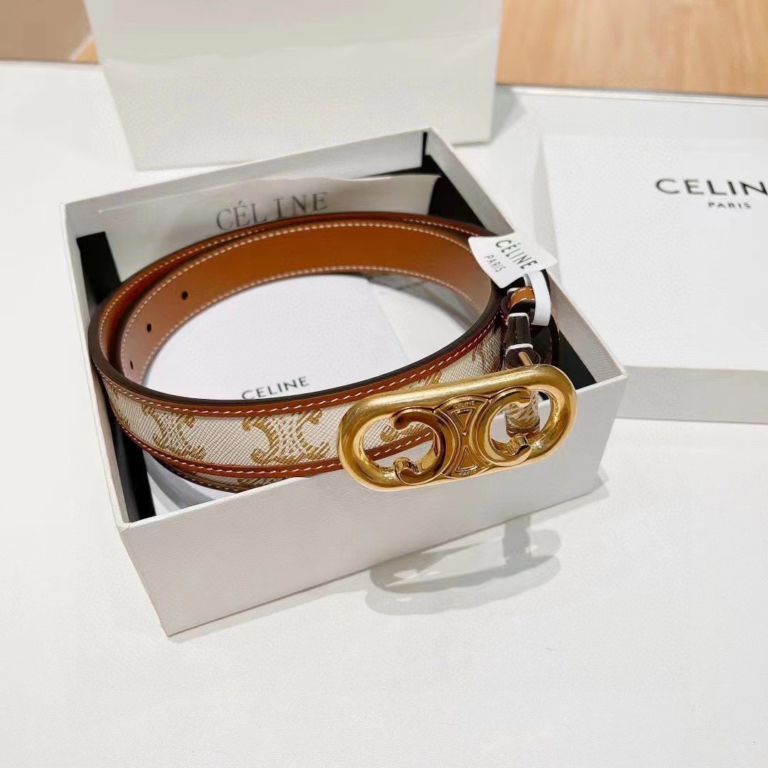 Celine 2.5cm White Triomphe Monogram Canvas Leather Gold Circle Buckle Narrow Belt - KAIROO