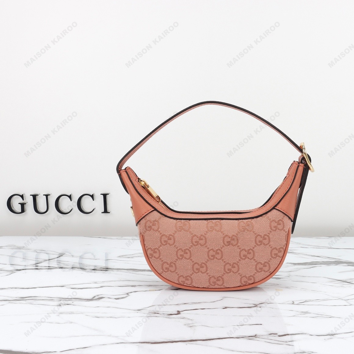 Gucci Ophidia Mini Coral Pink GG Jacquard Canvas Jumbo Pea Moon Hobo Top Zip Shoulder Bag - KAIROO