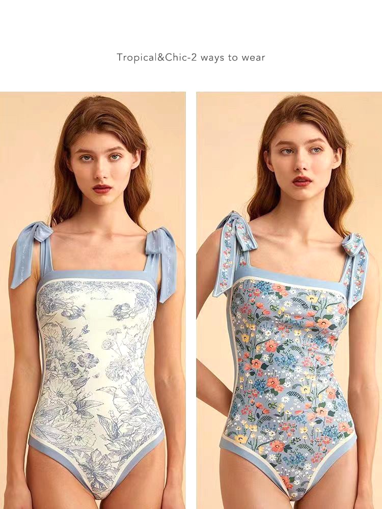 Gucci Reversible Floral Print Blue Square Neck Tie Strap One-Piece Swimsuit - KAIROO