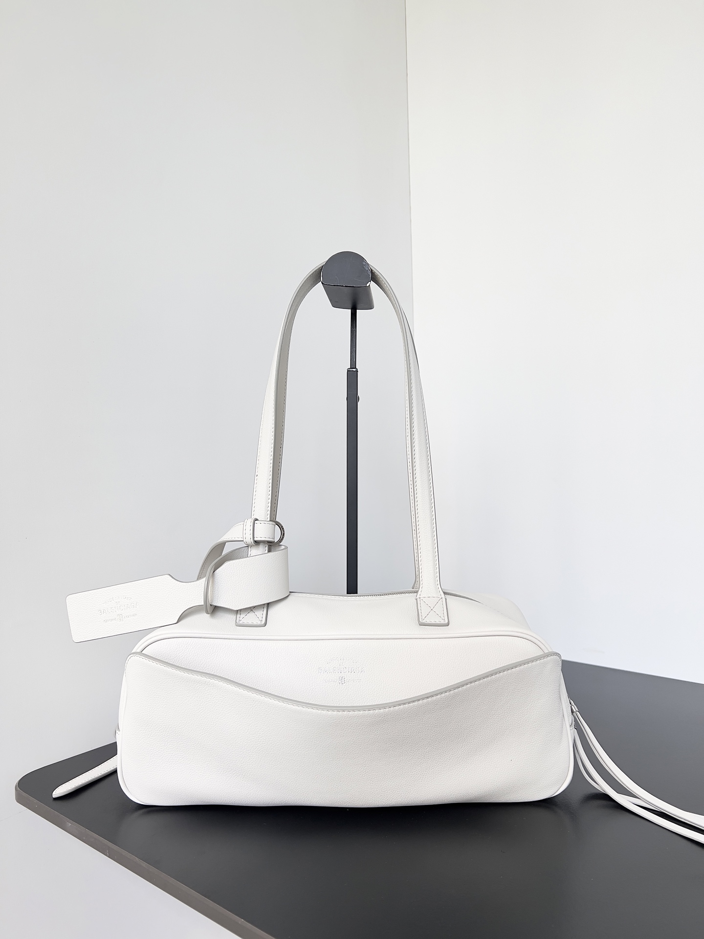 Balenciaga Carrie Small White Grained Leather Multi-Way Top Handle Bowler Bowling Bag - KAIROO