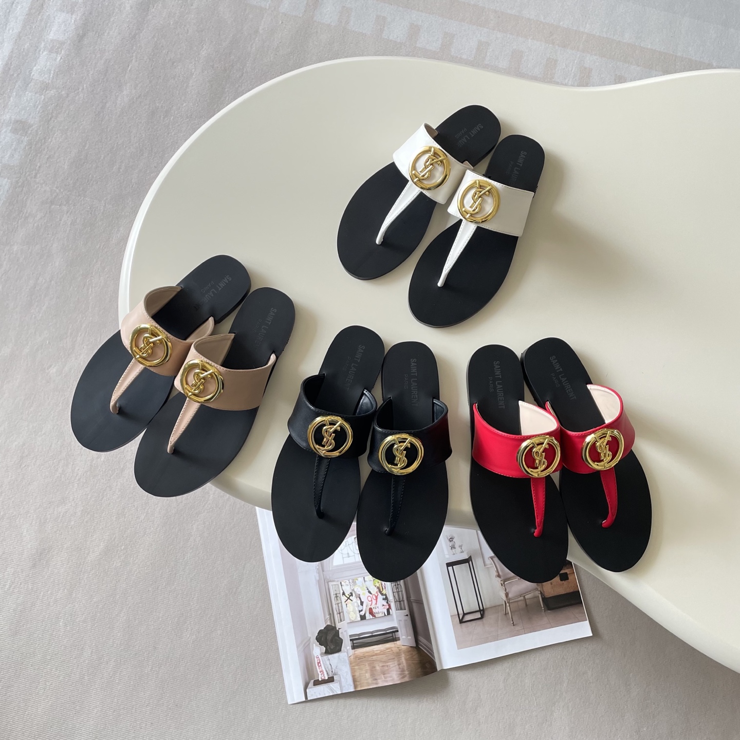 Saint Laurent Round Gold YSL Emblem Smooth Leather T-Strap Flat Slide Thong Sandals - KAIROO